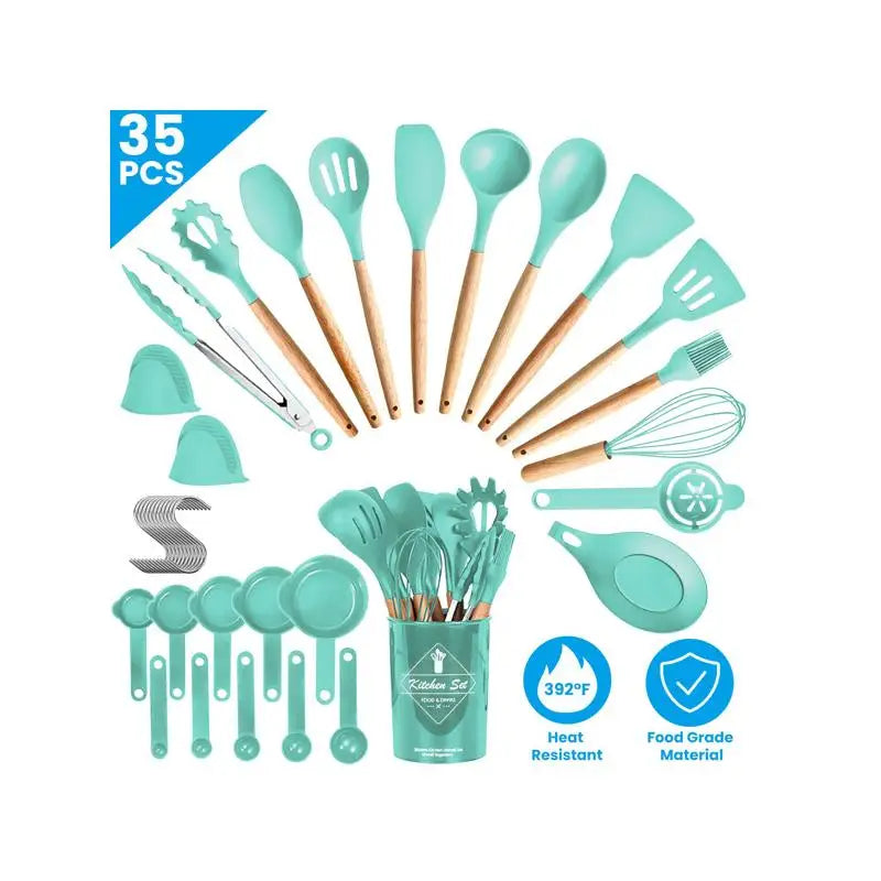 35Pcs Kitchen Utensil Set Including Spatulas, Baking Tools, Whisk, Tongs, Turners, Spoons, Cups, and Holder, Essential Cookware