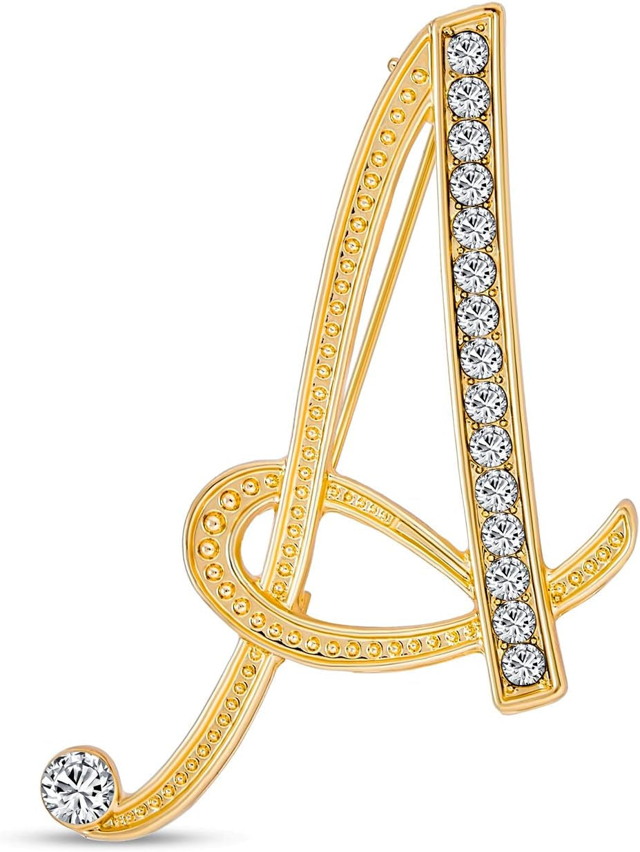 Large Statement ABC Pave Crystal Cursive Script Monogram Letters Alphabet Initial Scarf Lapel Pin Brooch for Teen Women Rose, Yellow Gold Silver Plated