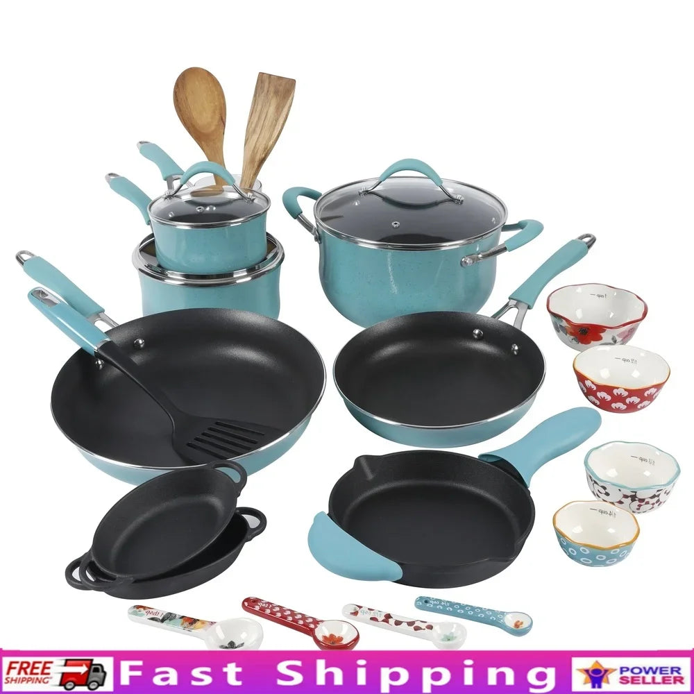 24-Piece Aluminum Cookware Set Nonstick Ceramic Measuring Cups Spoons Cast Iron Skillet Utensils Kitchen Essentials Cooking Set