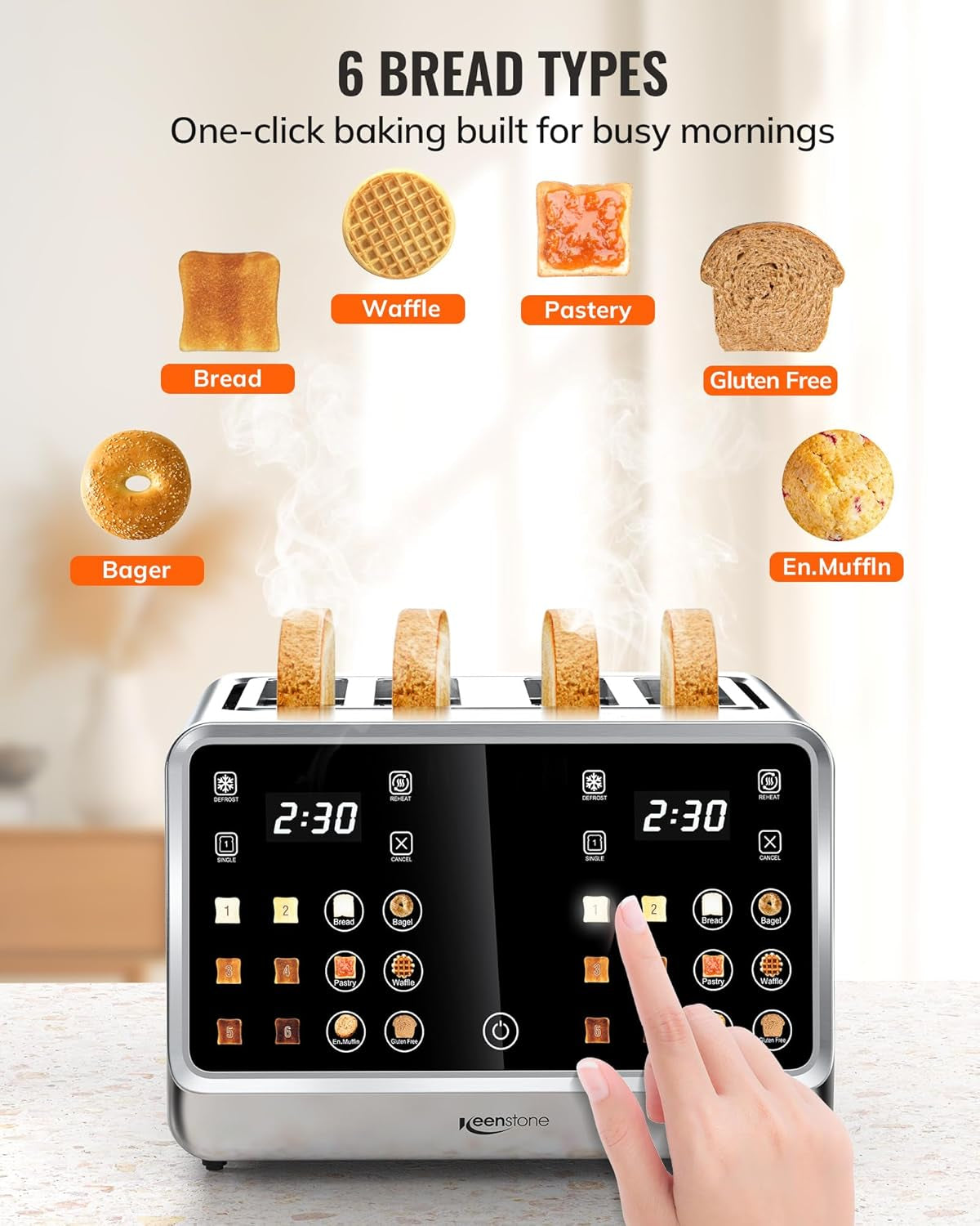 Toaster 4 Slice, Digital Smart Toaster with Touchscreen, Dual Control Panel, Single Slot Toasting, Timer, Reheat & Defrost for Bagels, Bread, Waffles, Stainless Steel Kitchen Essentials