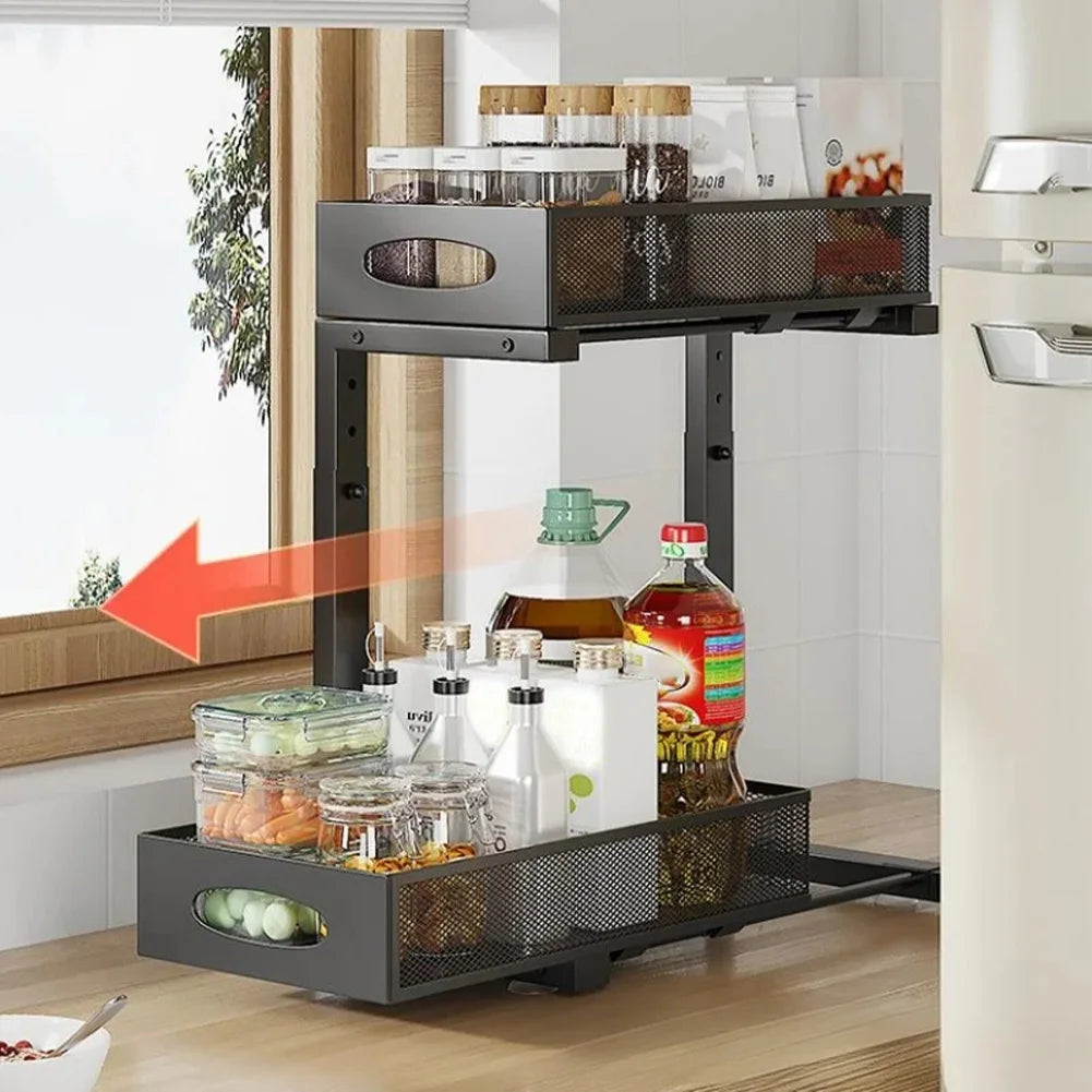 2 Layers Carbon Steel under Sink Storage Pull-Out Drawer Shelf Double-Layer Adjustable under Sink Storage Rack for Layered