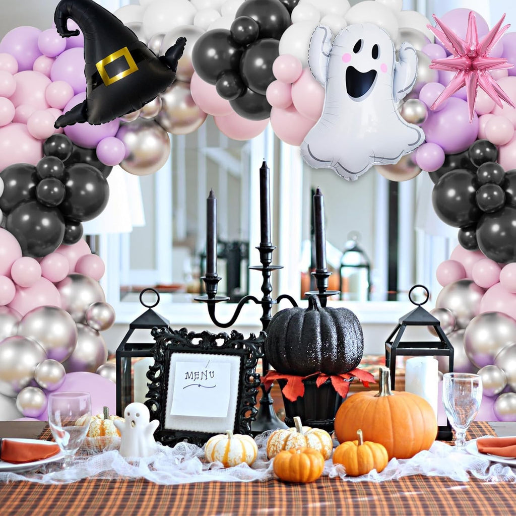 Pink Halloween Balloon Garland Arch Kit, 176Pcs Pink Purple Decor with Ghost Spooky Starburst Foil Balloons, Bat Stickers for Birthday Baby Shower Party Decorations for Girls