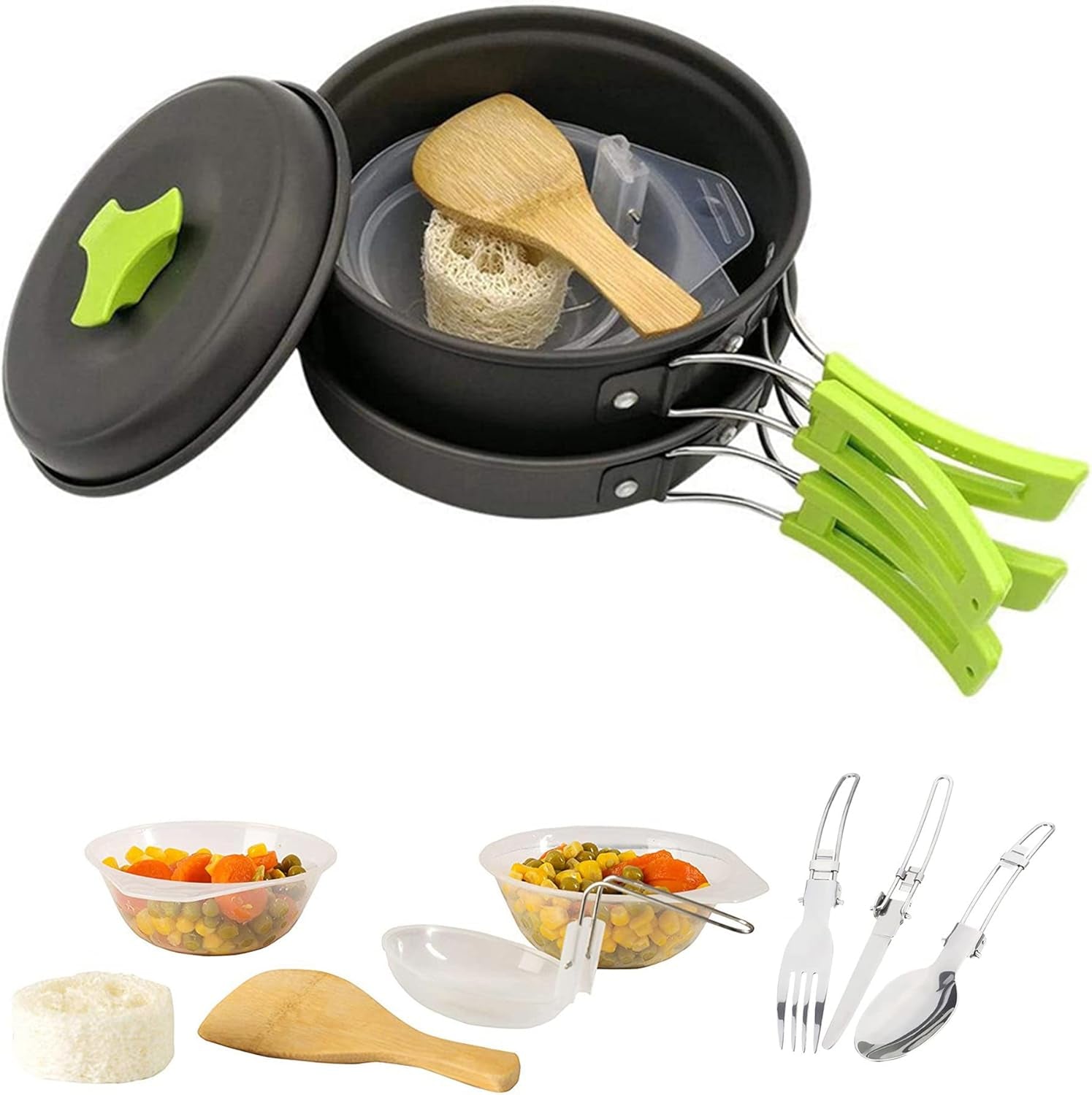 Camping Cookware Mess Kit Gear for 1/2 Person,Backpacking Accessories Equipment Pots and Pan Set with Mesh Carrying Bag for Hiking, Picnic (11 Pieces-Green)