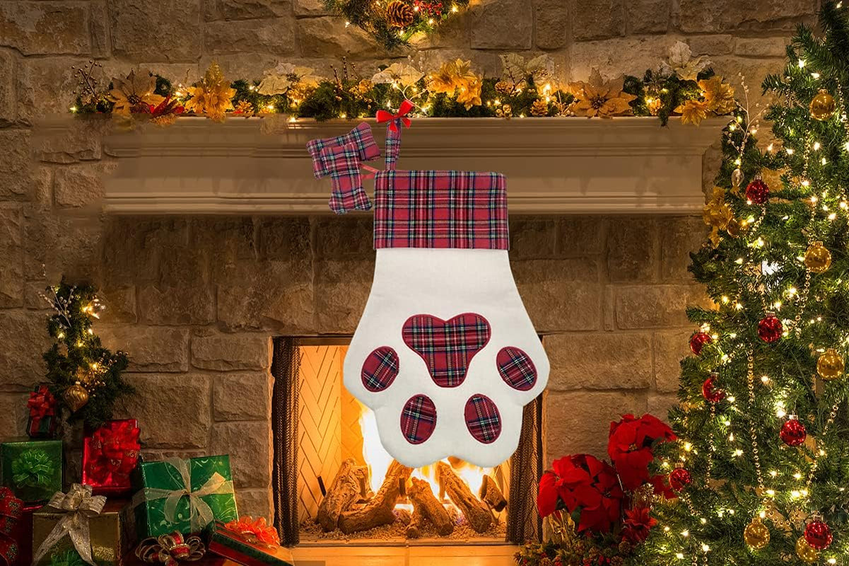Dog Christmas Stocking, Pet Christmas Stocking, Animal Christmas Stockings, Pet Paw Pattern Stocking,Classic Hanging Stocking for Christmas Decorations