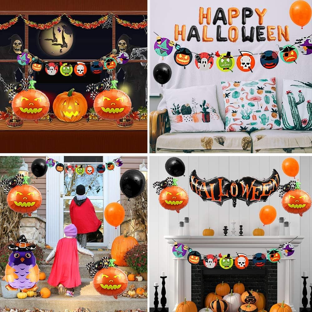 Halloween Party Decorations Include Happy Halloween Banner, Skeleton Pattern Bunting, Latex Balloons, Aluminum Foil Balloons, Bat Pumpkin Spider and Owl Wizard (47Pcs)