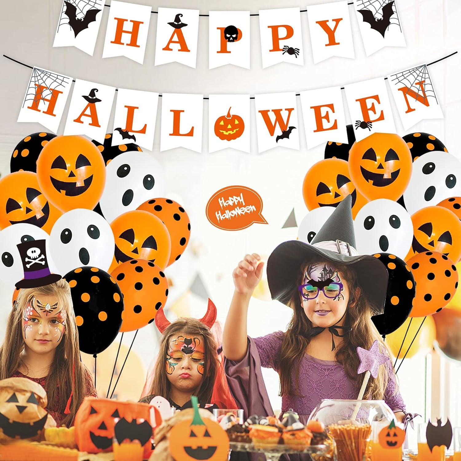 54Pcs Halloween Party Balloons Decorations, 12 Inch Black Orange White Balloons with Photo Prop for Kids Halloween Theme Party Background Classroom Decorations …