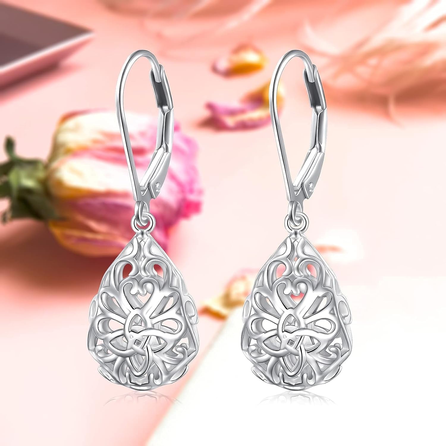 925 Sterling Silver Filigree Dangle Drop Earrings Daisy/Lotus/Rose Flower/Moonstone Leverback Teardrop Earrings for Women Infinity Celtic Knot Daisy Lotus Jewelry for Mothers Day