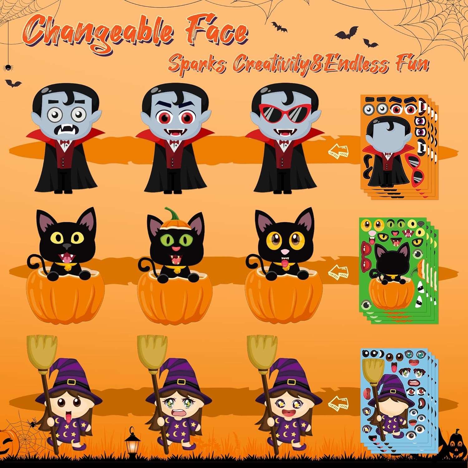Halloween Stickers - Make Your Own Halloween Stickers 32PCS Halloween Party Games Pumpkin Mummie Witche Vampire Ghost Cat Skeleton Frankenstein Stickers Halloween Activities