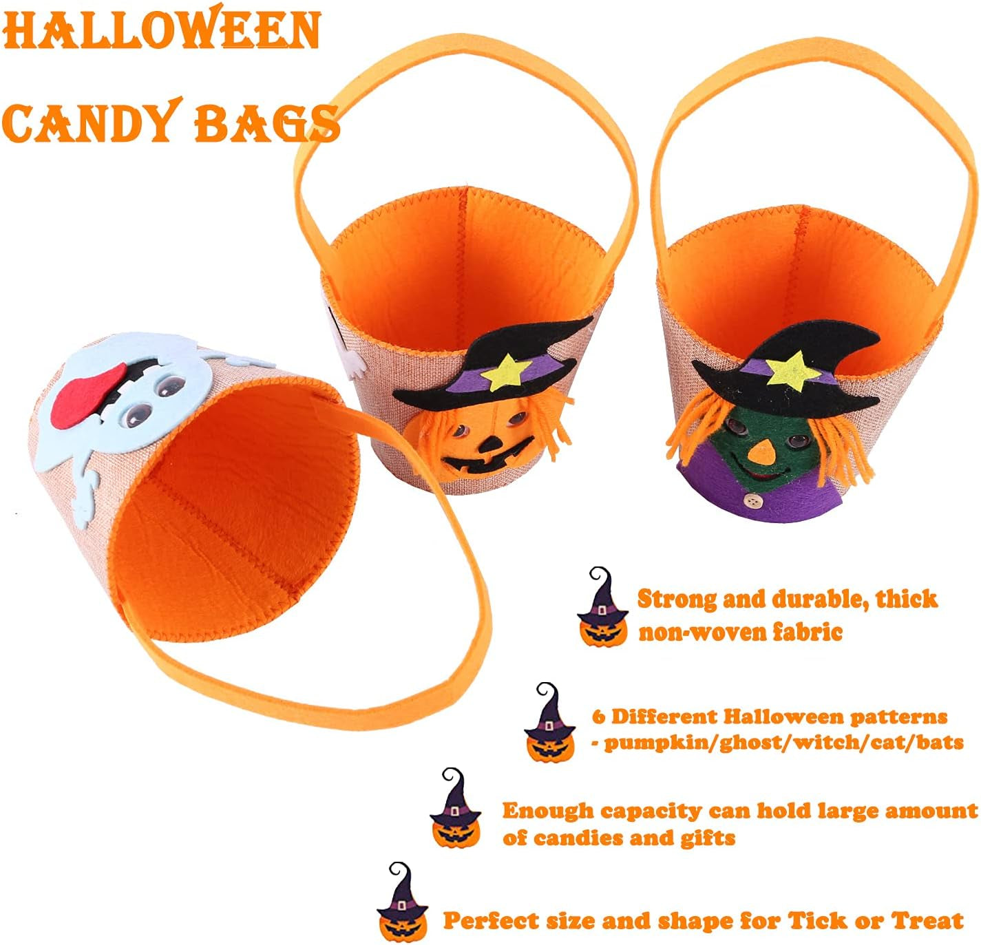 3 Pcs Halloween Candy Bags for Trick or Treat, Cute Bats Witch Pumpkin Goody Basket Kids Halloween Party Favor Supplies (A-Halloween Candy Bag)