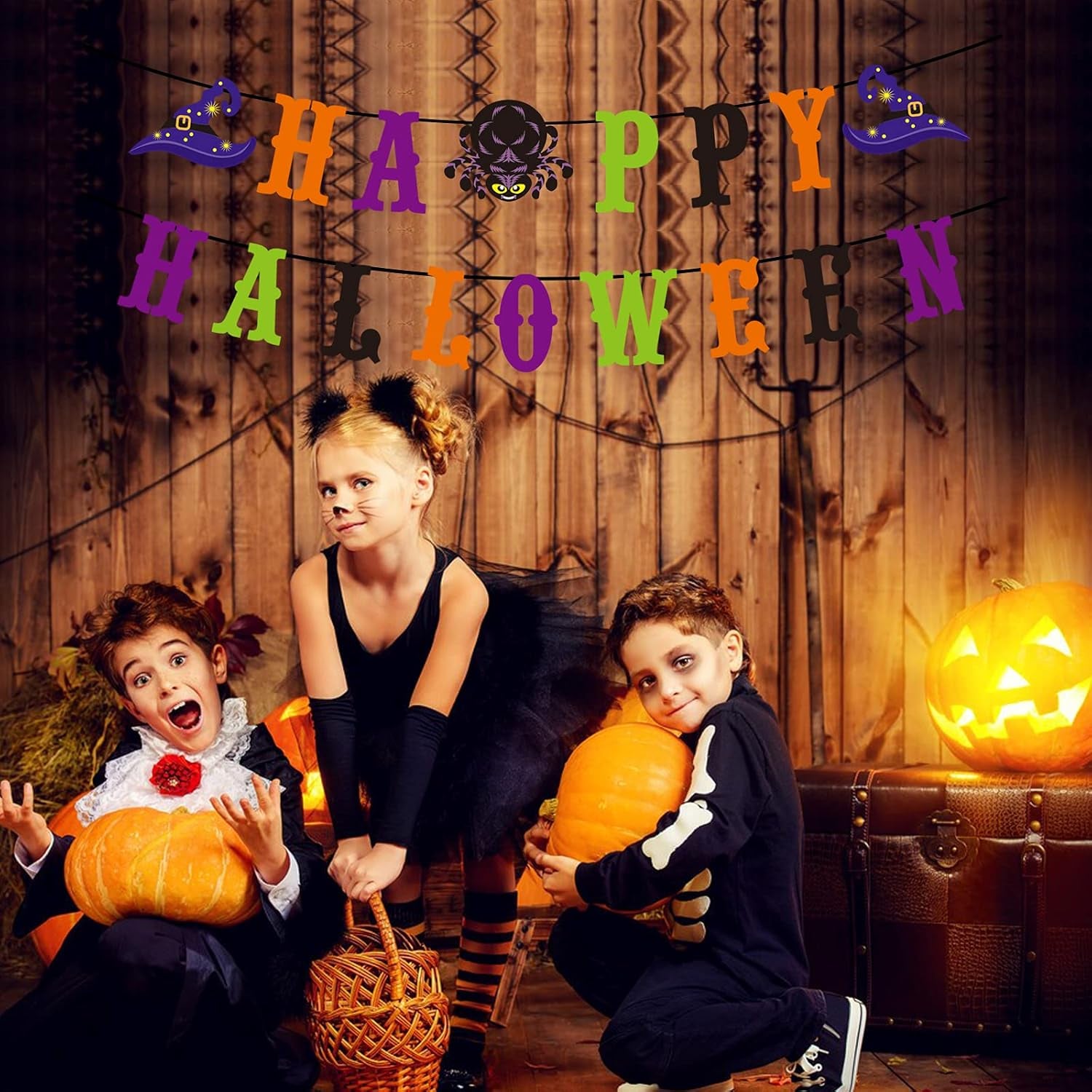 Happy Halloween Banner with Witch Spider Sign Halloween Party Decorations for Haunted Houses Doorways Home Outdoor Indoor Party Decor