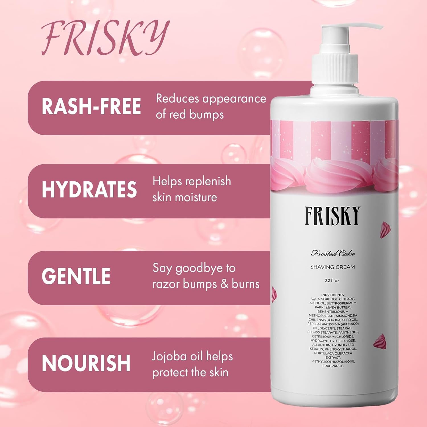 Frisky Frosted Cake Shaving Cream for Women, 32 OZ - Rash-Free, Conditioner & Moisturizing with Shea Butter & Jojoba Seed Oil, Vanilla Scent Shave Cream, Sensitive Skin, Bikini, Armpit Body & Face