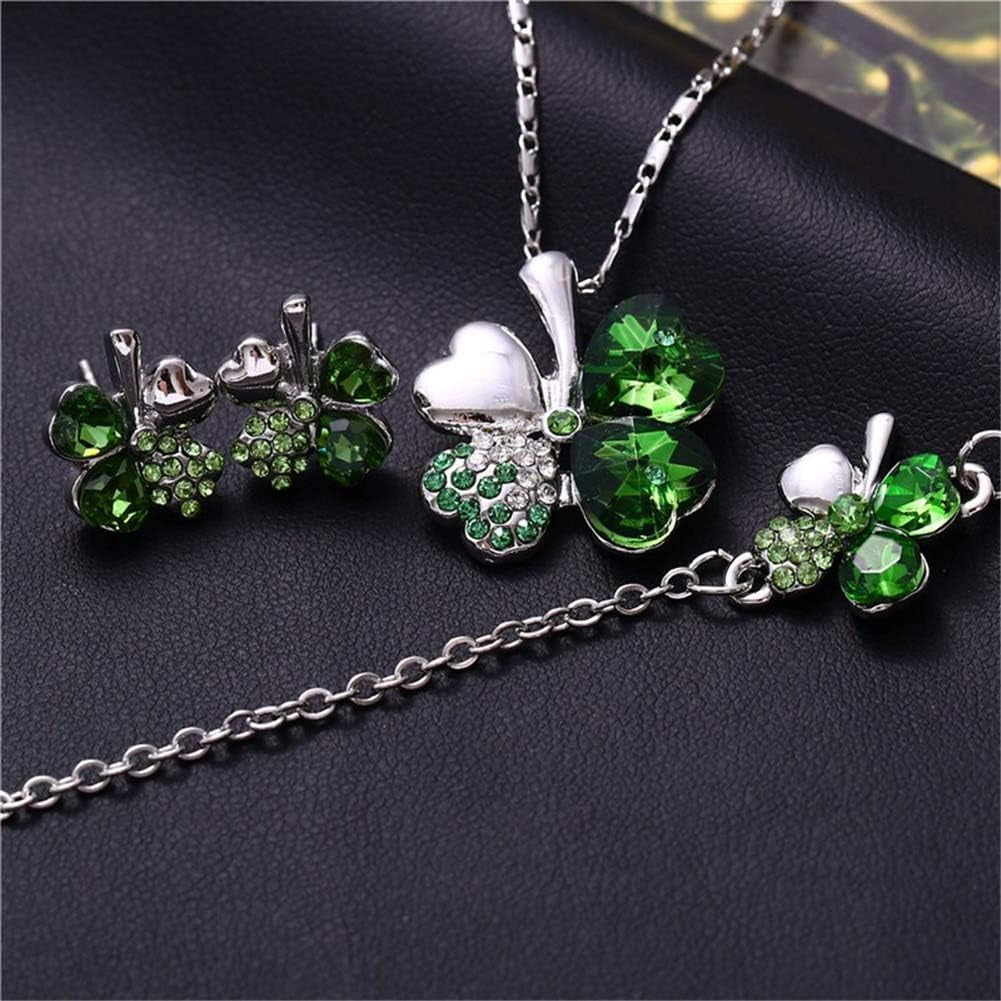 Four Leaf Clovers Jewelry Set, Fashion Austrian Crystal Rhinestone Lucky Four Leaf Clover Necklace Bracelet or Earrings for Women Wedding Party Gift
