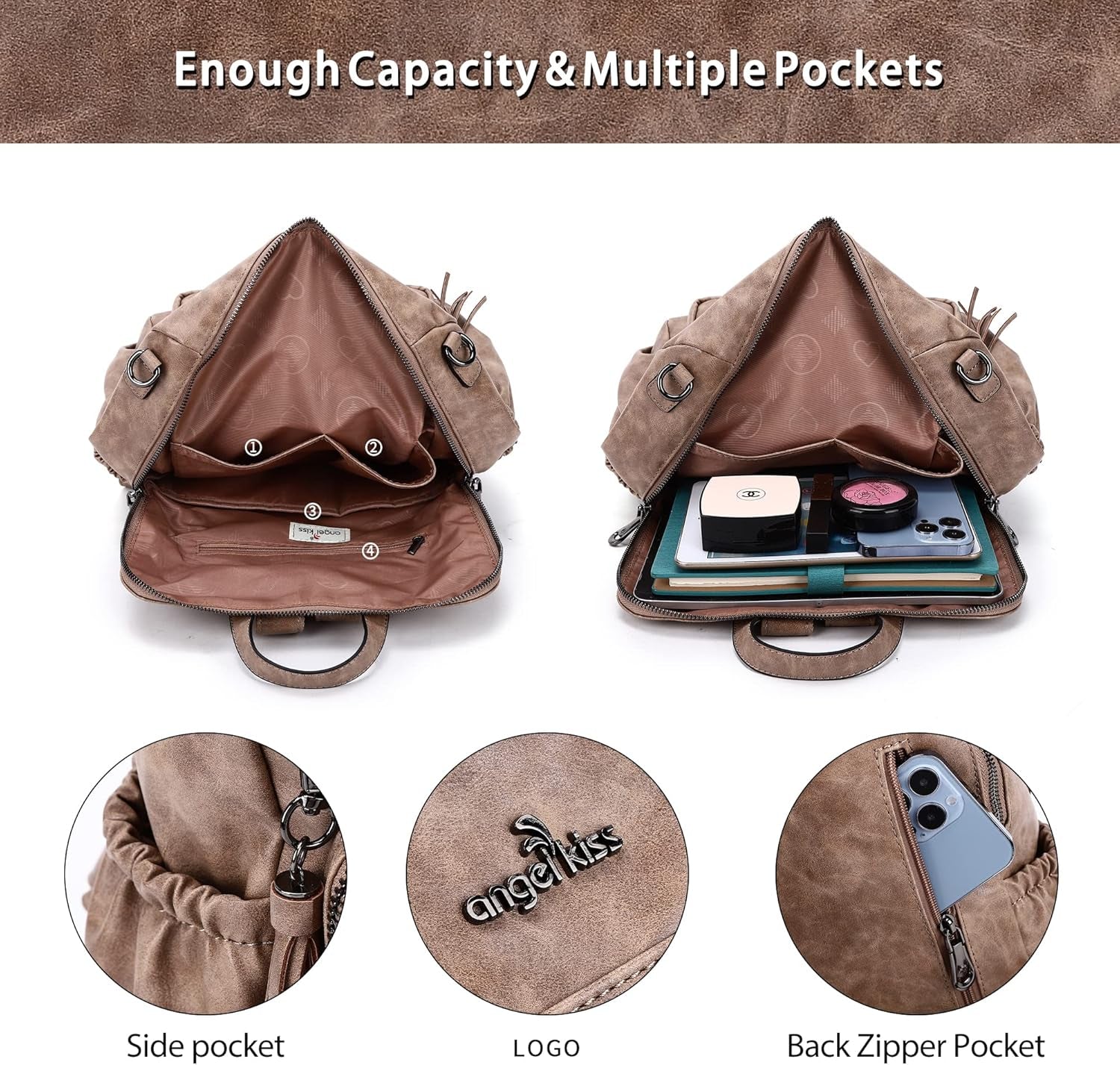 Women'S Backpacks & Purse - PU Leather Zipper Casual Backpacks & Shoulder Bags