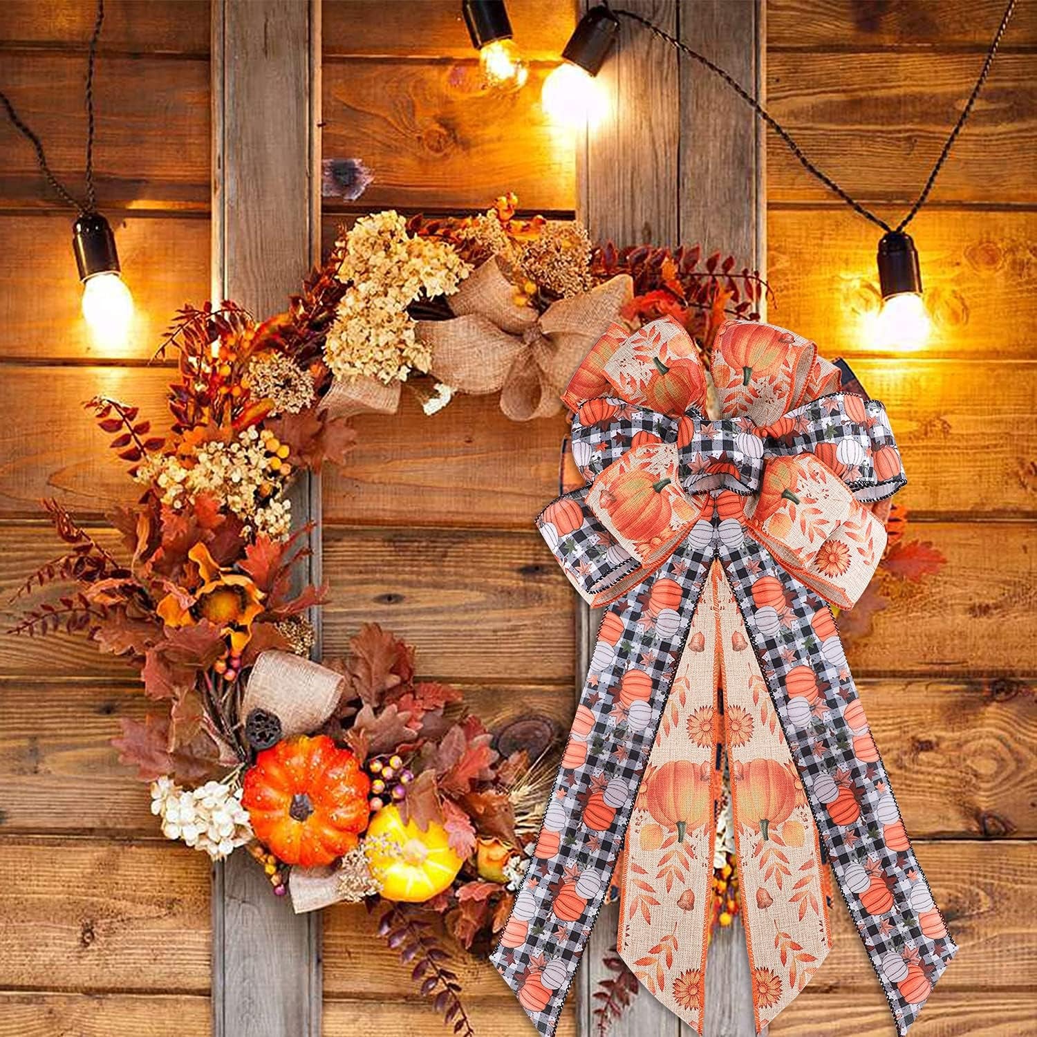 Halloween Wreath Bow Large Topper Bow Orange Pumpkin Pattern Black White Buffalo Plaid Bow Rustic Bowknot Ornaments Decorative Gift Bow for Halloween Party Home Wedding Thanksgiving Party Favor Decor