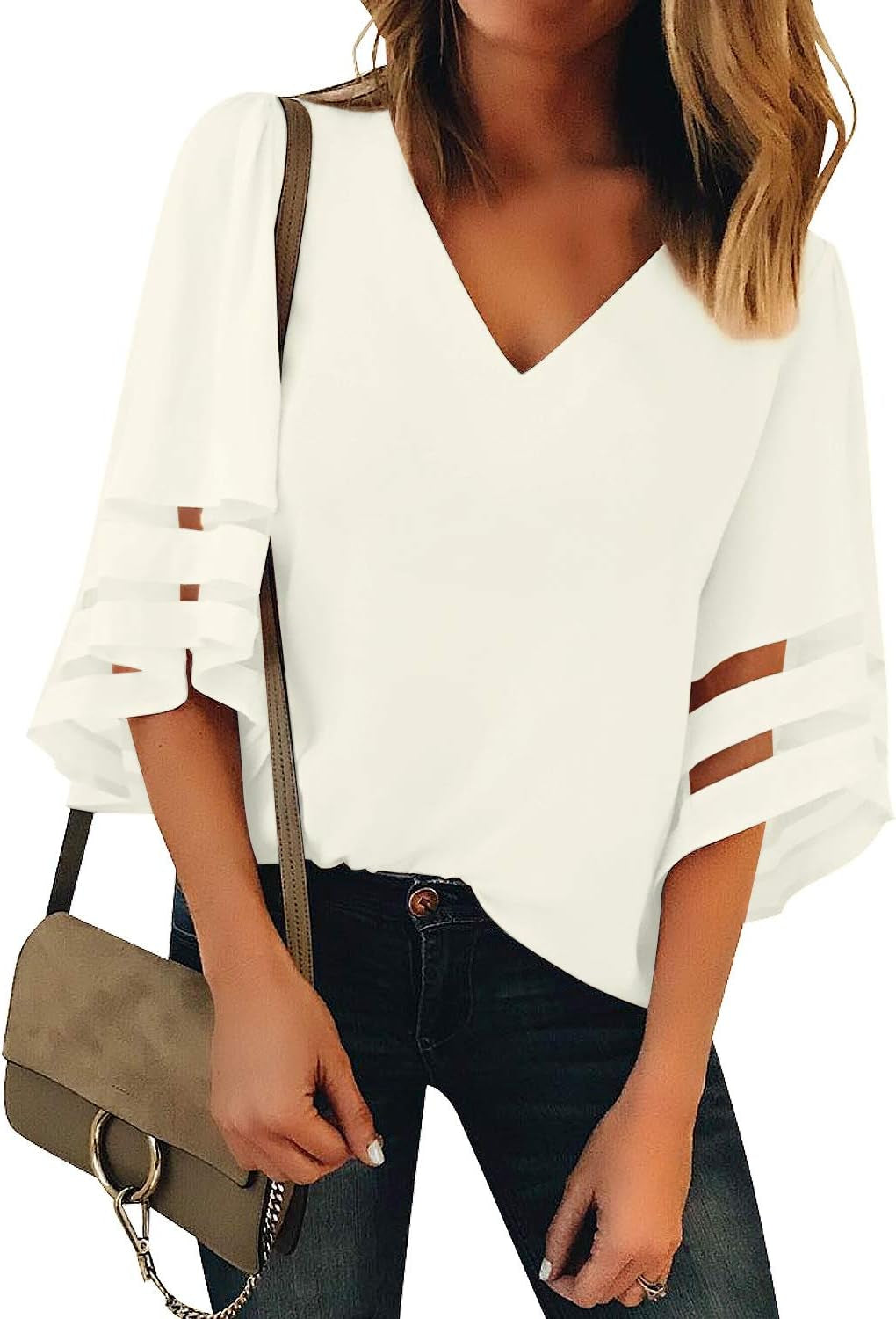 Women'S Casual V Neck Blouse 3/4 Bell Sleeve Mesh Panel Shirts Loose Top