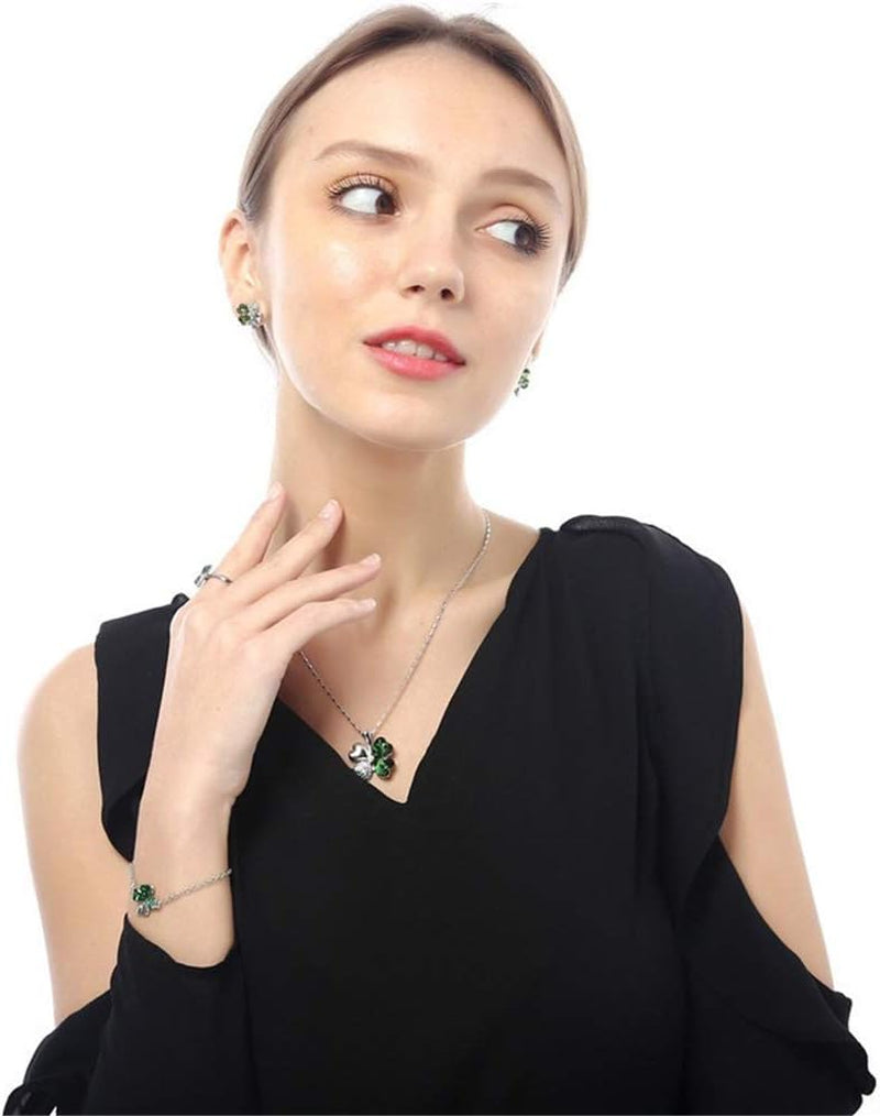 Four Leaf Clovers Jewelry Set, Fashion Austrian Crystal Rhinestone Lucky Four Leaf Clover Necklace Bracelet or Earrings for Women Wedding Party Gift