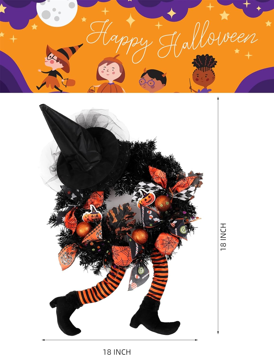 Happy Halloween Wreath for Front Door Decoration with Skeleton Artificial Bone Orange Ornaments Maple Leaf for Party Decor (Halloween Orange)