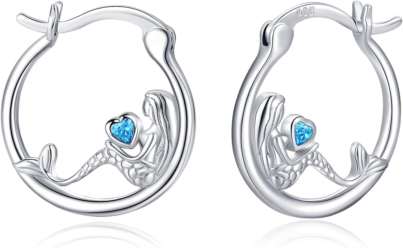 Animal Earrings 925 Sterling Silver Hedgehog/Cat/Raccoon/Mermaid/Panda Hoop Earrings Hypoallergenic Hoop Huggie Earrings Animal Jewelry Gifts for Women