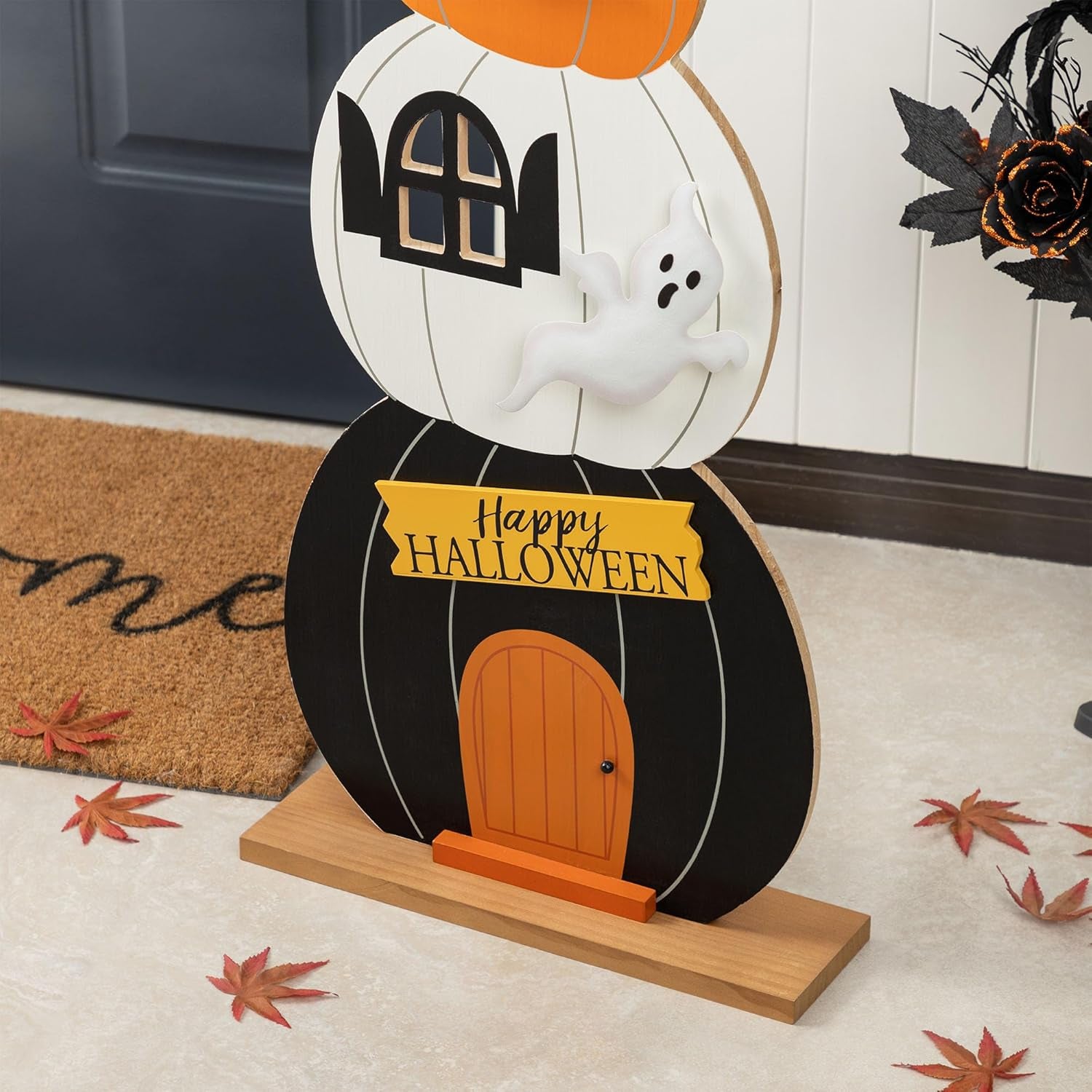 35"H Halloween Wooden Pumpkin Haunted House Porch Decor - Stacked Pumpkin with Witch Hat, Ghosts & Happy Halloween, Detachable Base for Easy Storage, Halloween Porch Sign Front Door Decor