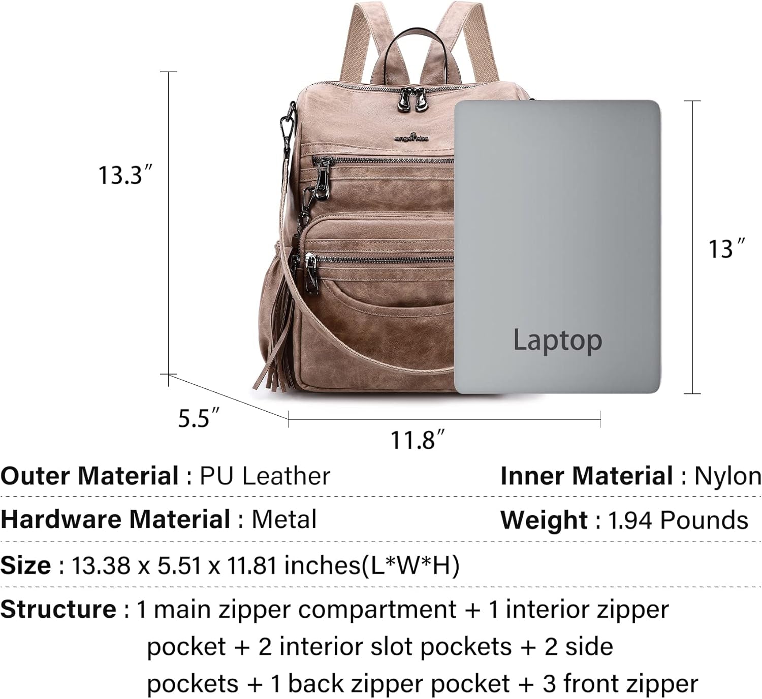 Women'S Backpacks & Purse - PU Leather Zipper Casual Backpacks & Shoulder Bags