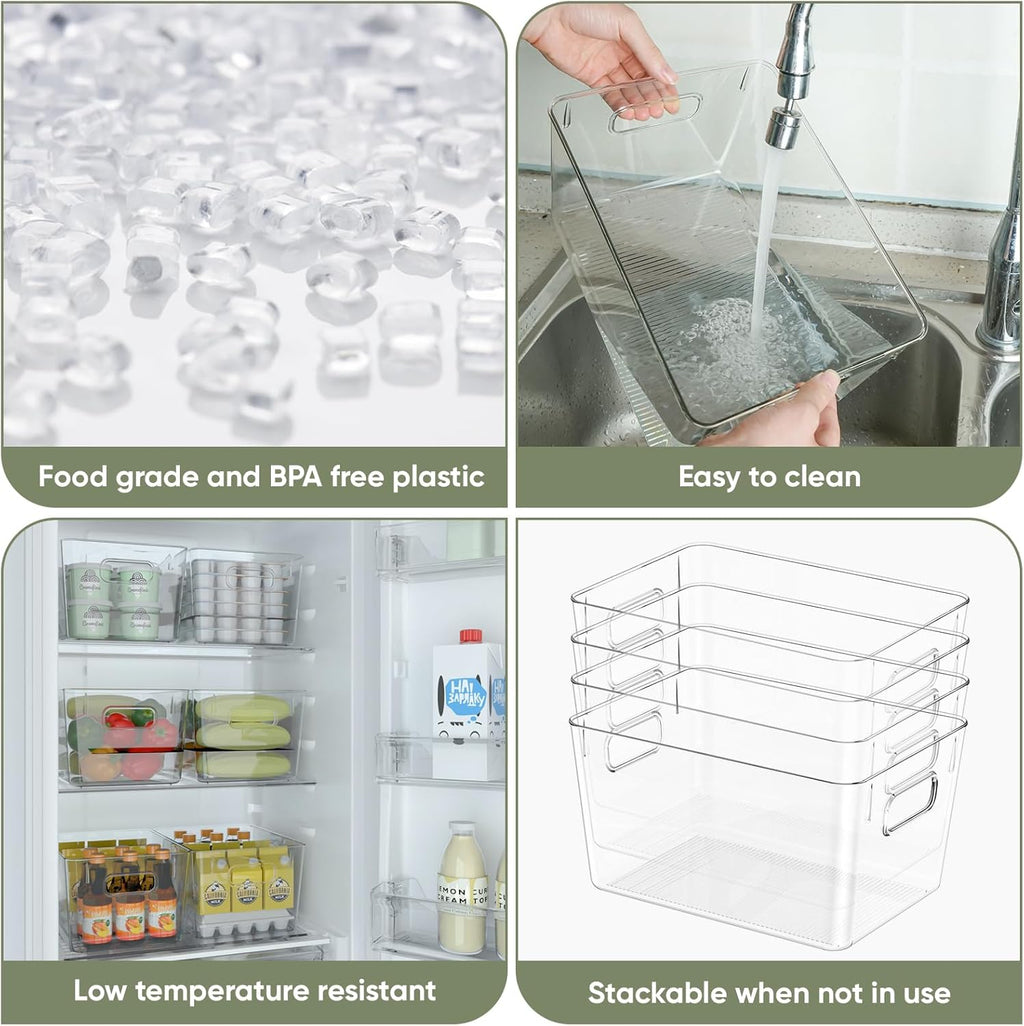 Clear Plastic Storage Bins, Pantry Organization, BPA Free Stackable Refrigerator Organizers and Storage with Handles for Kitchen Fridge Cabinet Bathroom (6PK, 9.5X5.5X4.5)