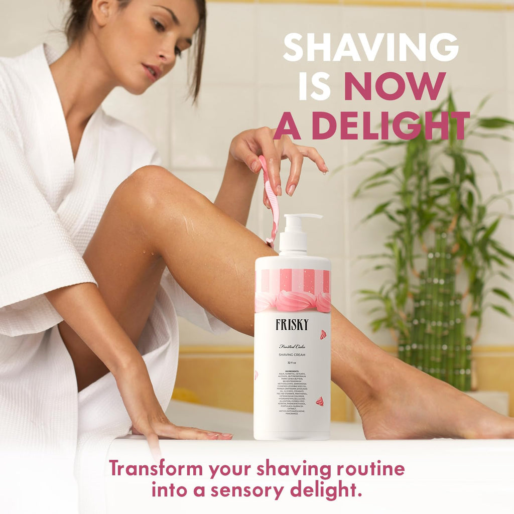 Frisky Frosted Cake Shaving Cream for Women, 32 OZ - Rash-Free, Conditioner & Moisturizing with Shea Butter & Jojoba Seed Oil, Vanilla Scent Shave Cream, Sensitive Skin, Bikini, Armpit Body & Face