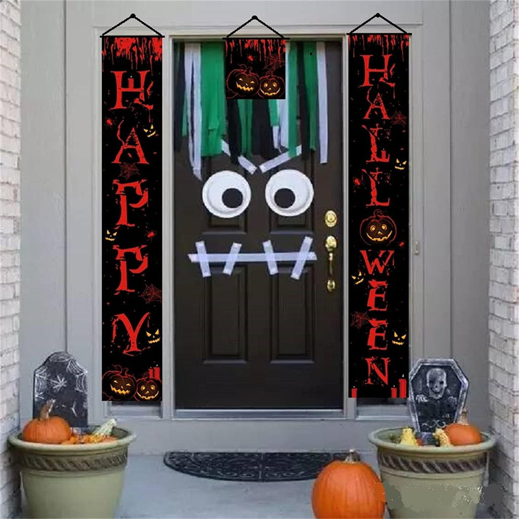 Halloween Porch Sign,Halloween Banners Front Proch,Happy Halloween Welcome Ghost Sign,Halloween Theme Party Supplies for Front Door,Halloween Decorations for Yard Indoor Outdoor Party (Black-Happy)