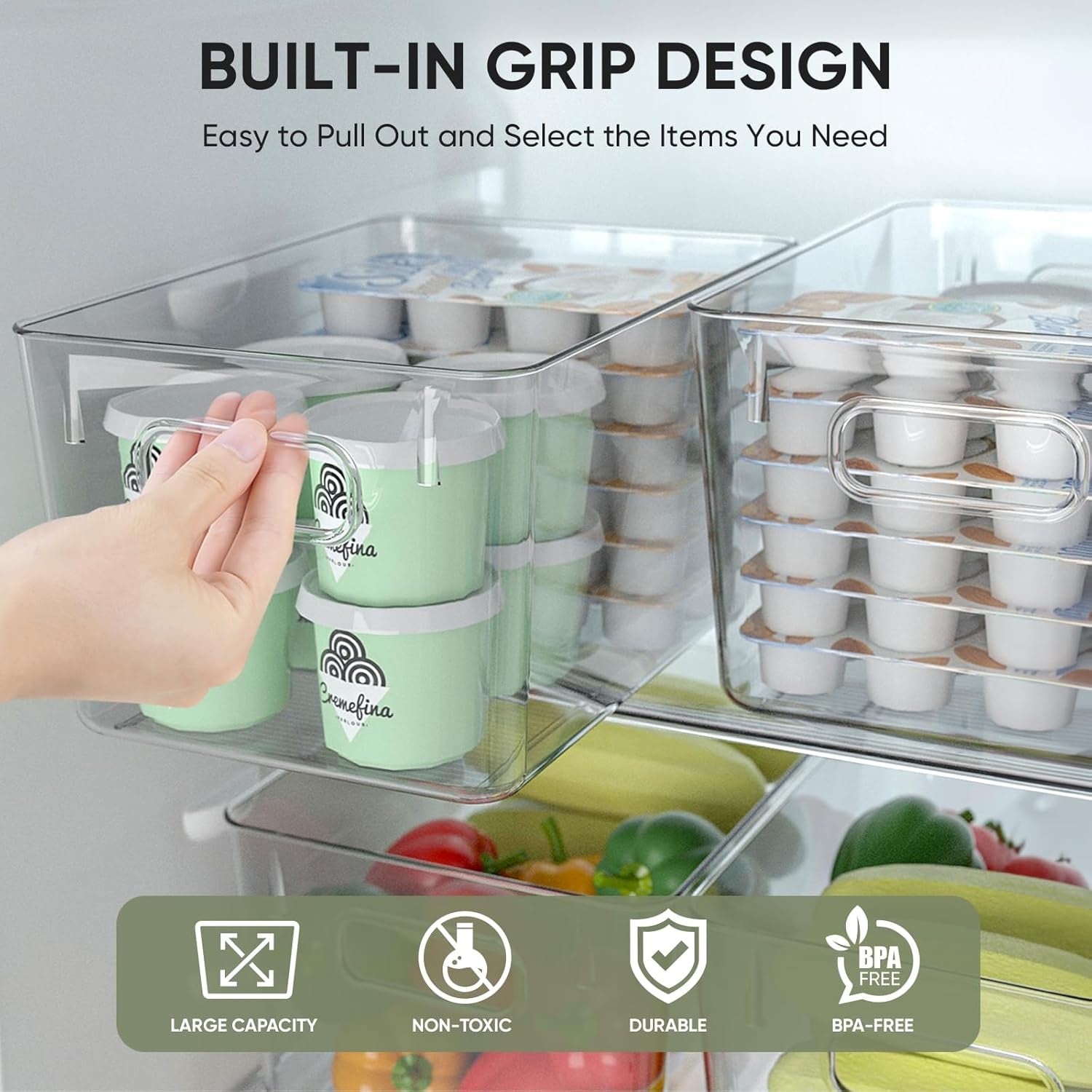 Clear Plastic Storage Bins, Pantry Organization, BPA Free Stackable Refrigerator Organizers and Storage with Handles for Kitchen Fridge Cabinet Bathroom (6PK, 9.5X5.5X4.5)
