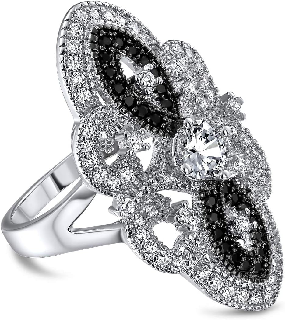 Art Deco Antique Boho Vintage Style Black White Blue Green Filigree Pave CZ Wide Heart Long Full Finger Fashion Statement Ring Cubic Zirconia for Women Rhodium Silver Plated Brass