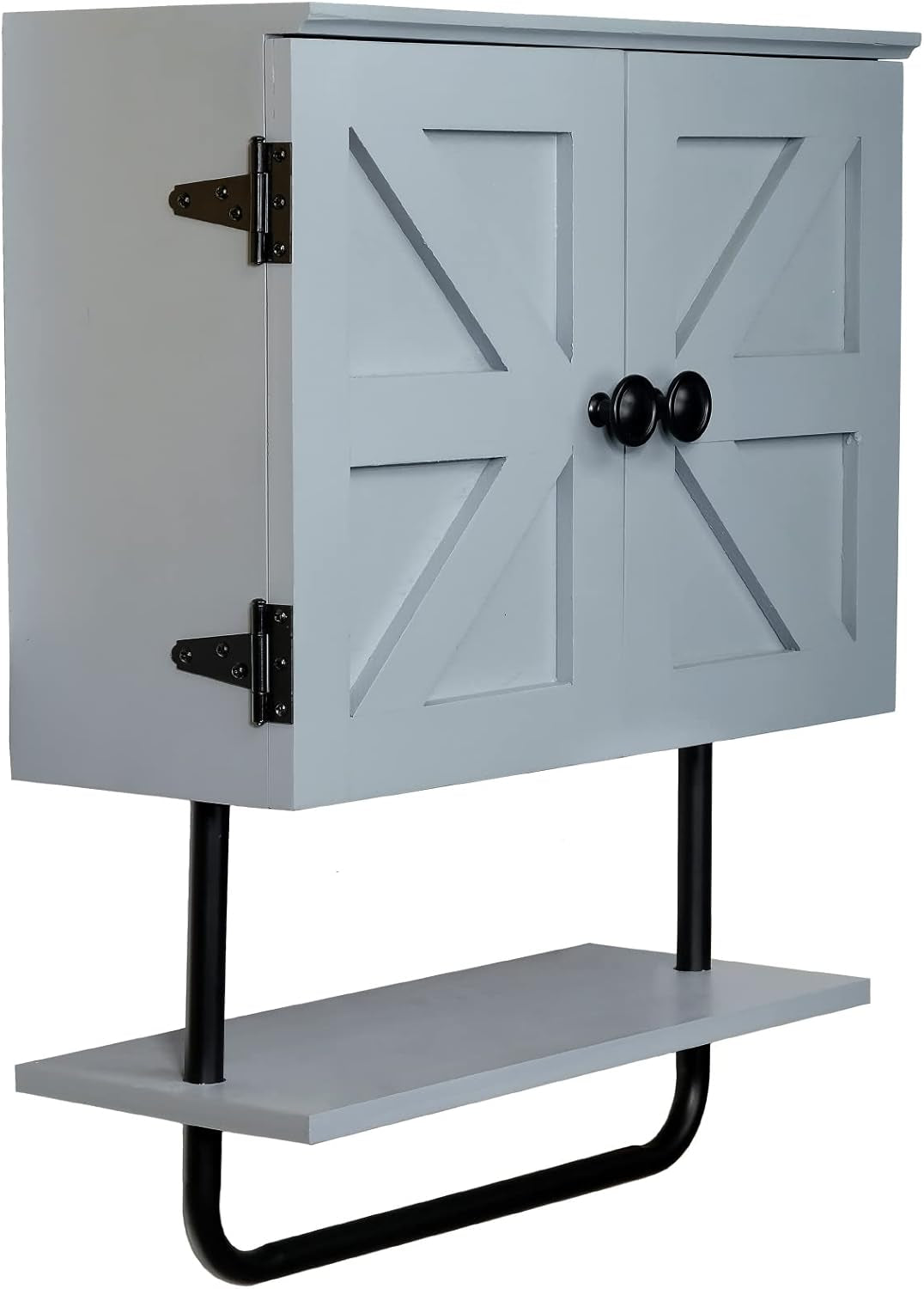 17X21” Barndoor Bathroom Wall Cabinet, Space Saver Storage Cabinet Kitchen Medicine Cabinet with Adjustable Shelf and Towel Bar, Rustic Gray