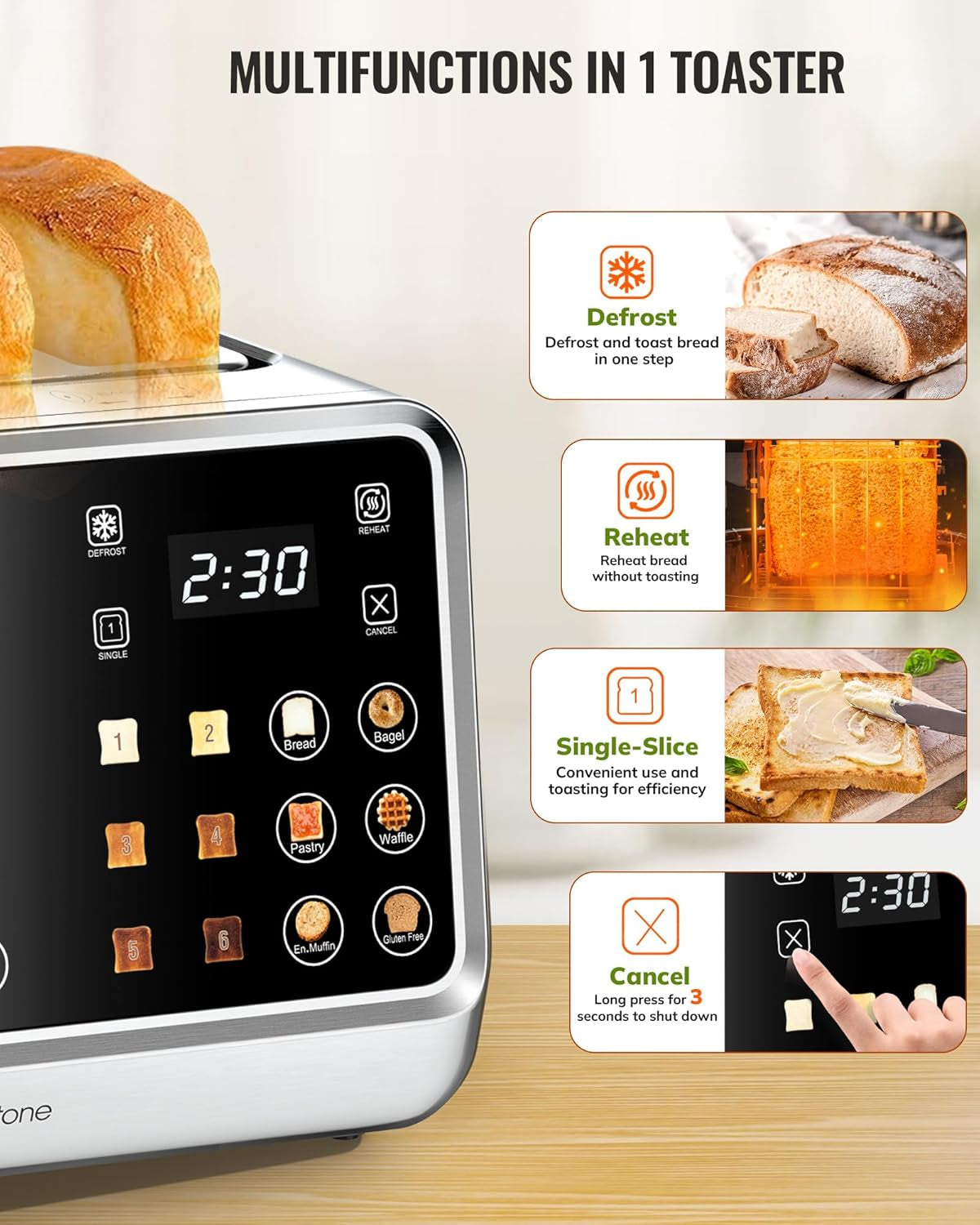 Toaster 4 Slice, Digital Smart Toaster with Touchscreen, Dual Control Panel, Single Slot Toasting, Timer, Reheat & Defrost for Bagels, Bread, Waffles, Stainless Steel Kitchen Essentials