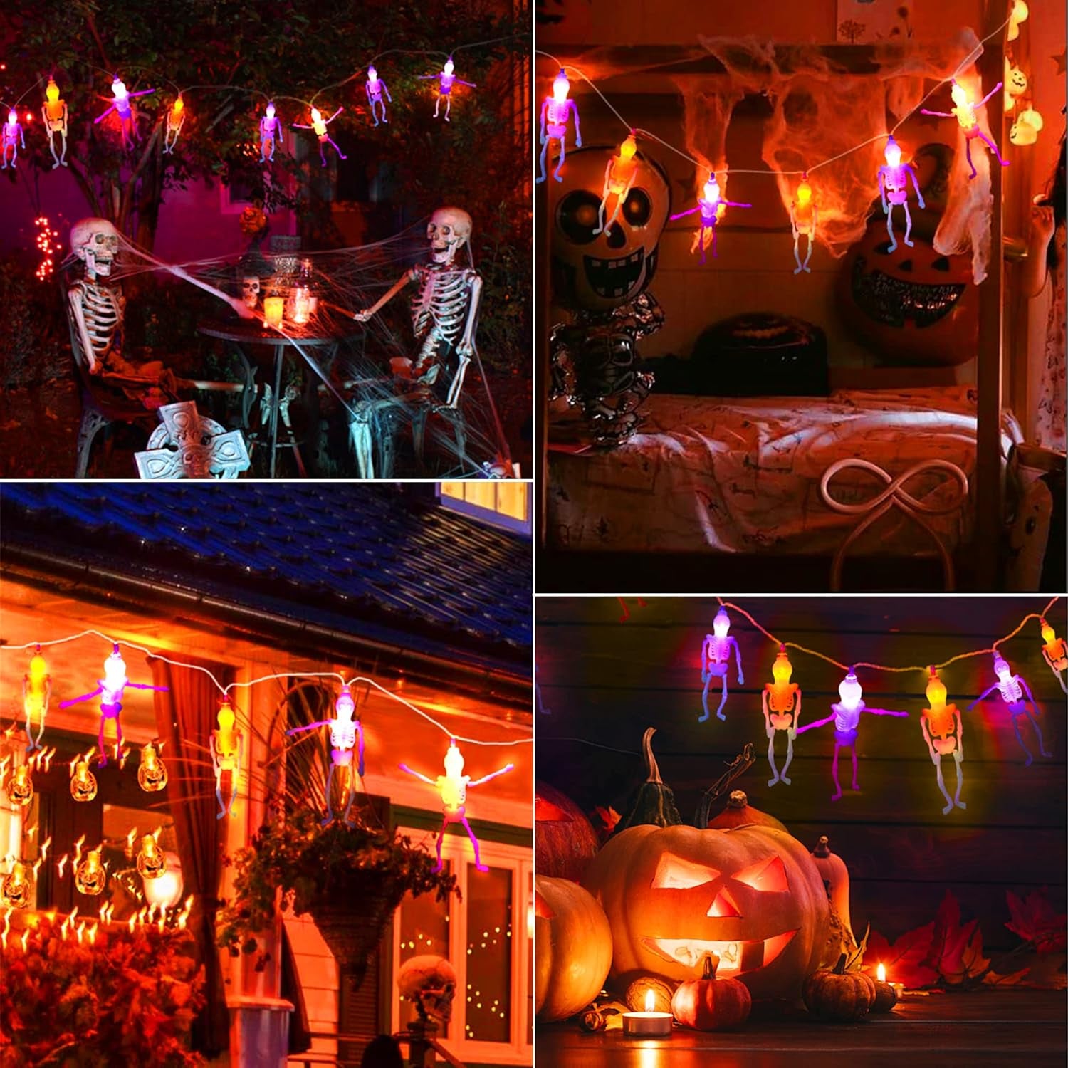 Battery operated skeleton lights, Halloween Decoration Light displayed at a festive Halloween setting with pumpkins and decorations.