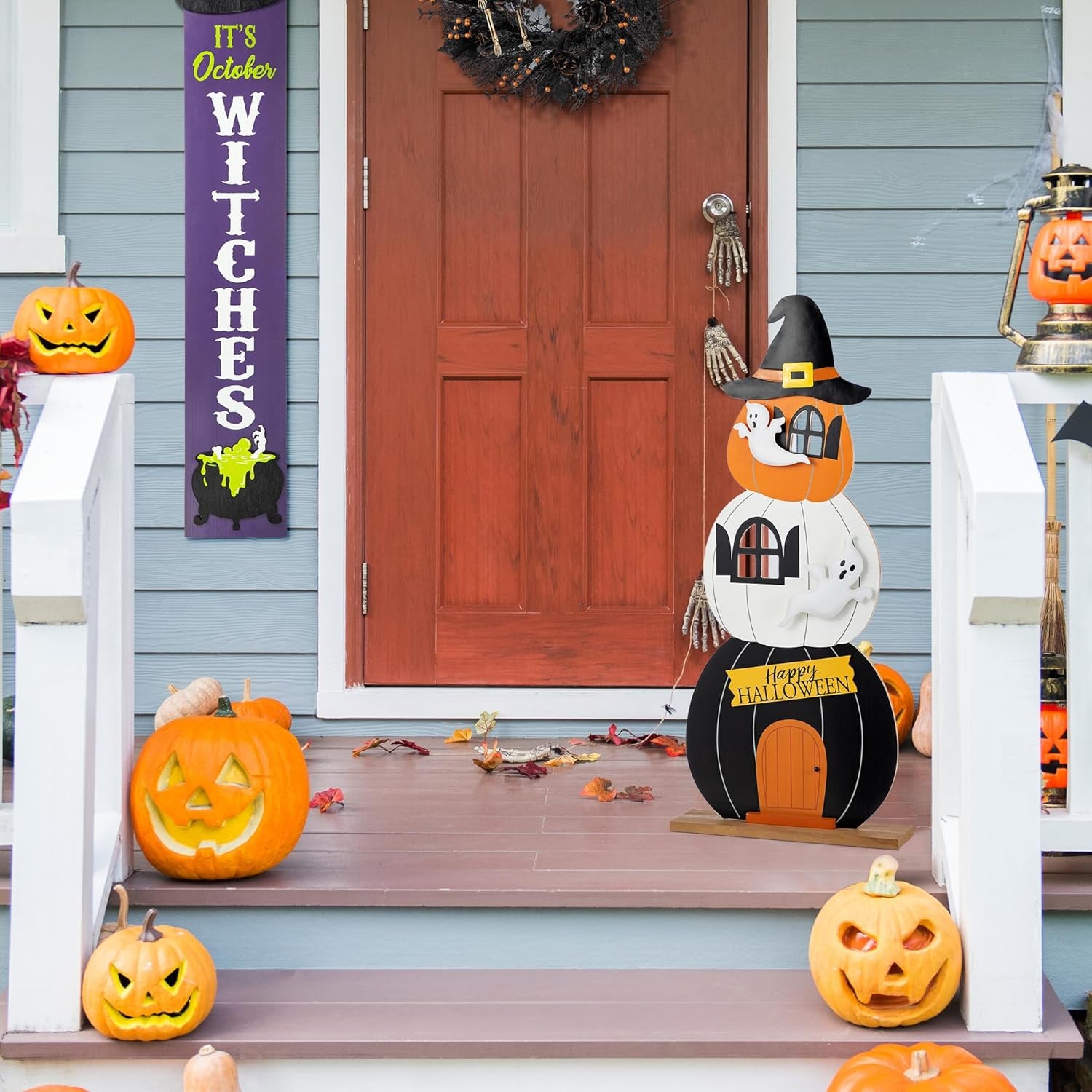 35"H Halloween Wooden Pumpkin Haunted House Porch Decor - Stacked Pumpkin with Witch Hat, Ghosts & Happy Halloween, Detachable Base for Easy Storage, Halloween Porch Sign Front Door Decor