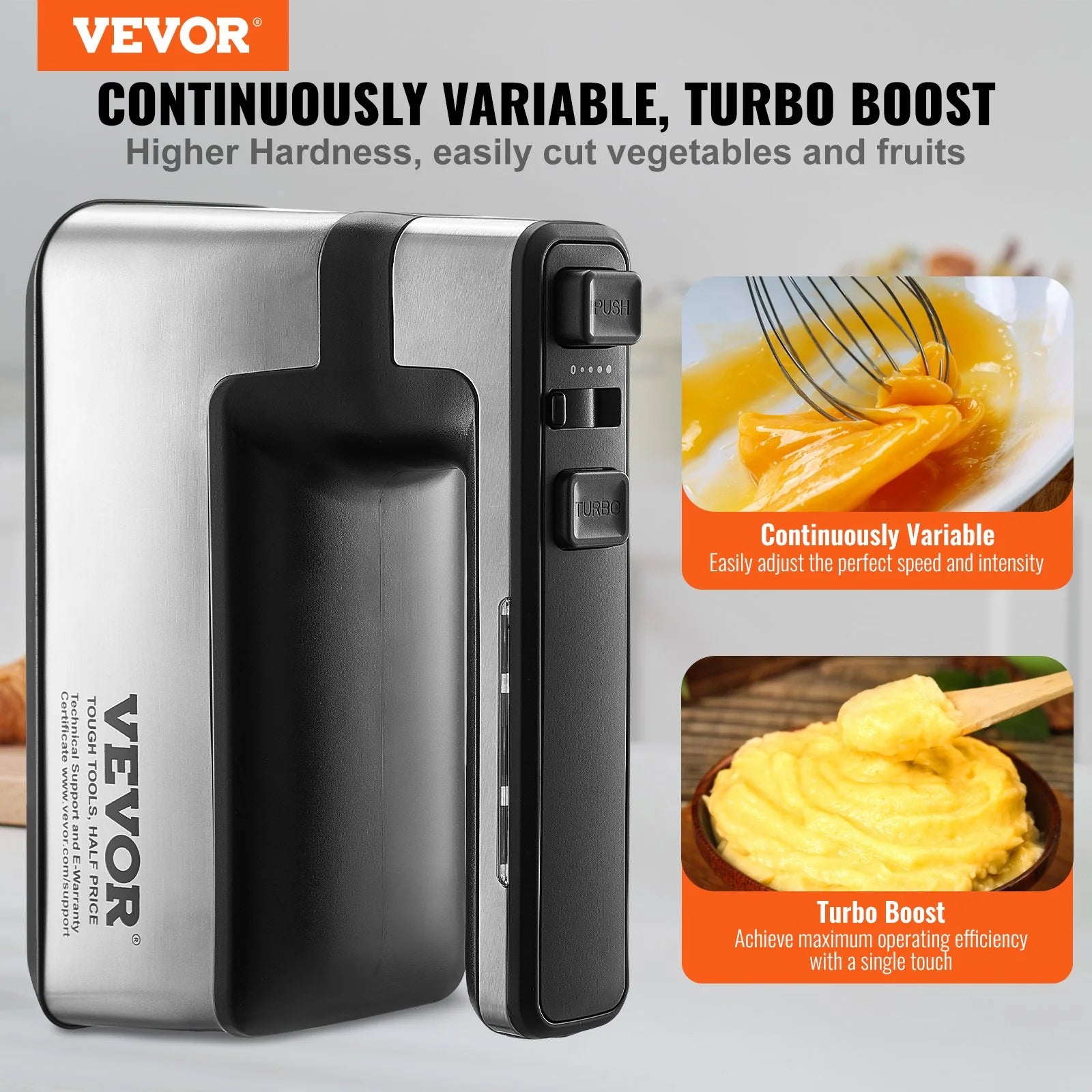 VEVOR Cordless Electric Hand Mixer, 250W, Continuously Variable Electric Handheld Mixer, with Turbo Boost Beaters Dough Hooks Storage Bag, Baking Supplies for Whipping Mixing Egg Cookie Cake Cream