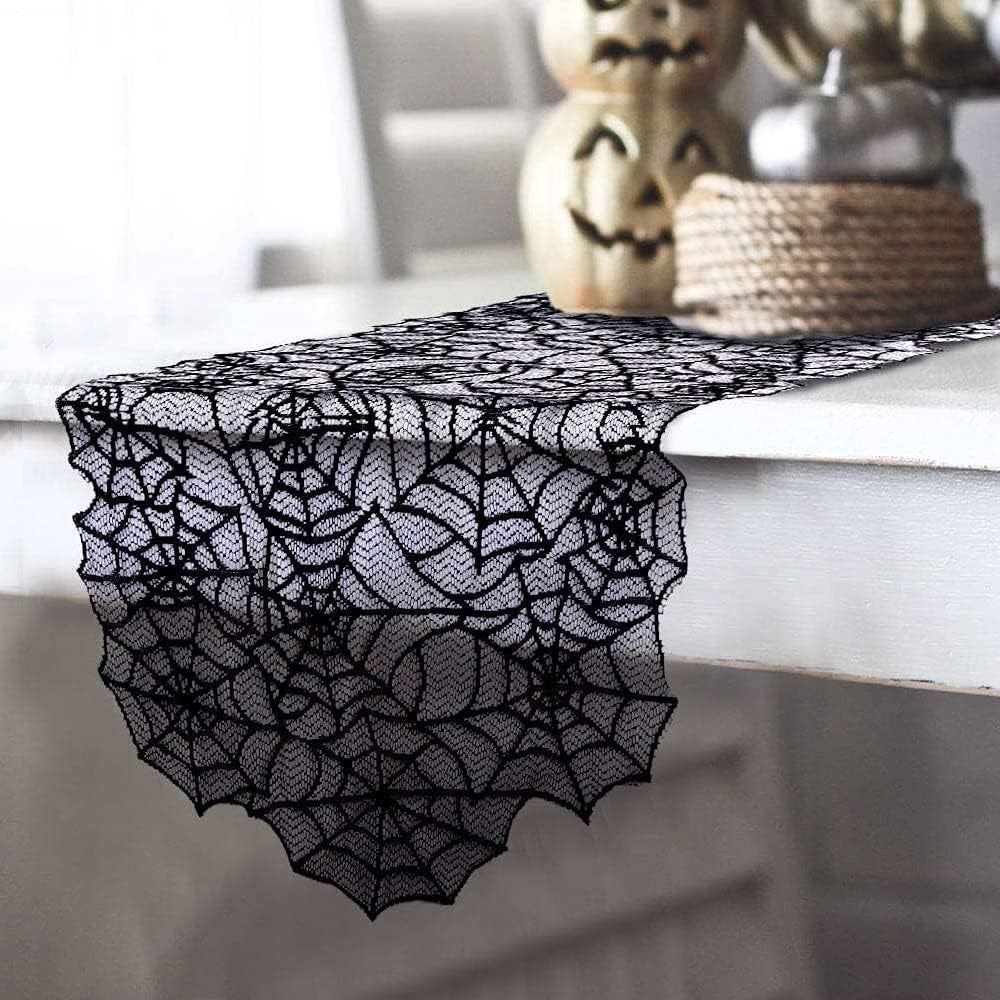 4 Pack Halloween Decorations Tablecloth Runner Black Lace round Spider Cobweb Table Cover Fireplace Mantel Scarf Spiderweb with 60 Pcs 3D PVC Scary Black Bat Sticker Halloween Party Supplies