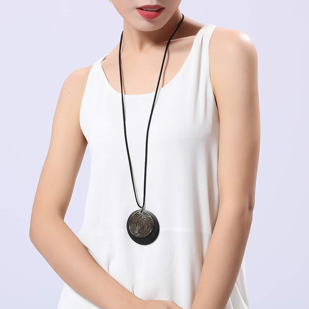 Womens Pendant Necklace Wood Handmade Jewelry Long Rope Sweater Necklace for Woman