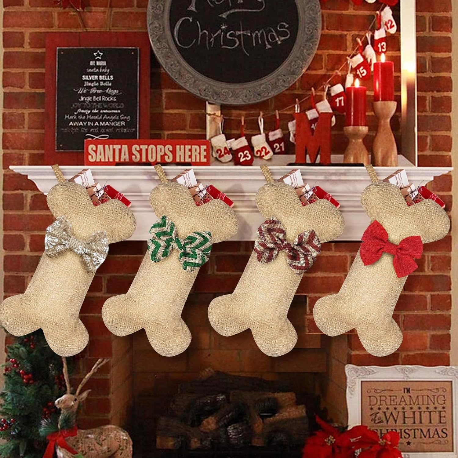 New Linen Large Christmas Stocking for Dogs Cats Pets Jute Natural Burlap Dog Bone Shape Hanging Dog Christmas Stocking