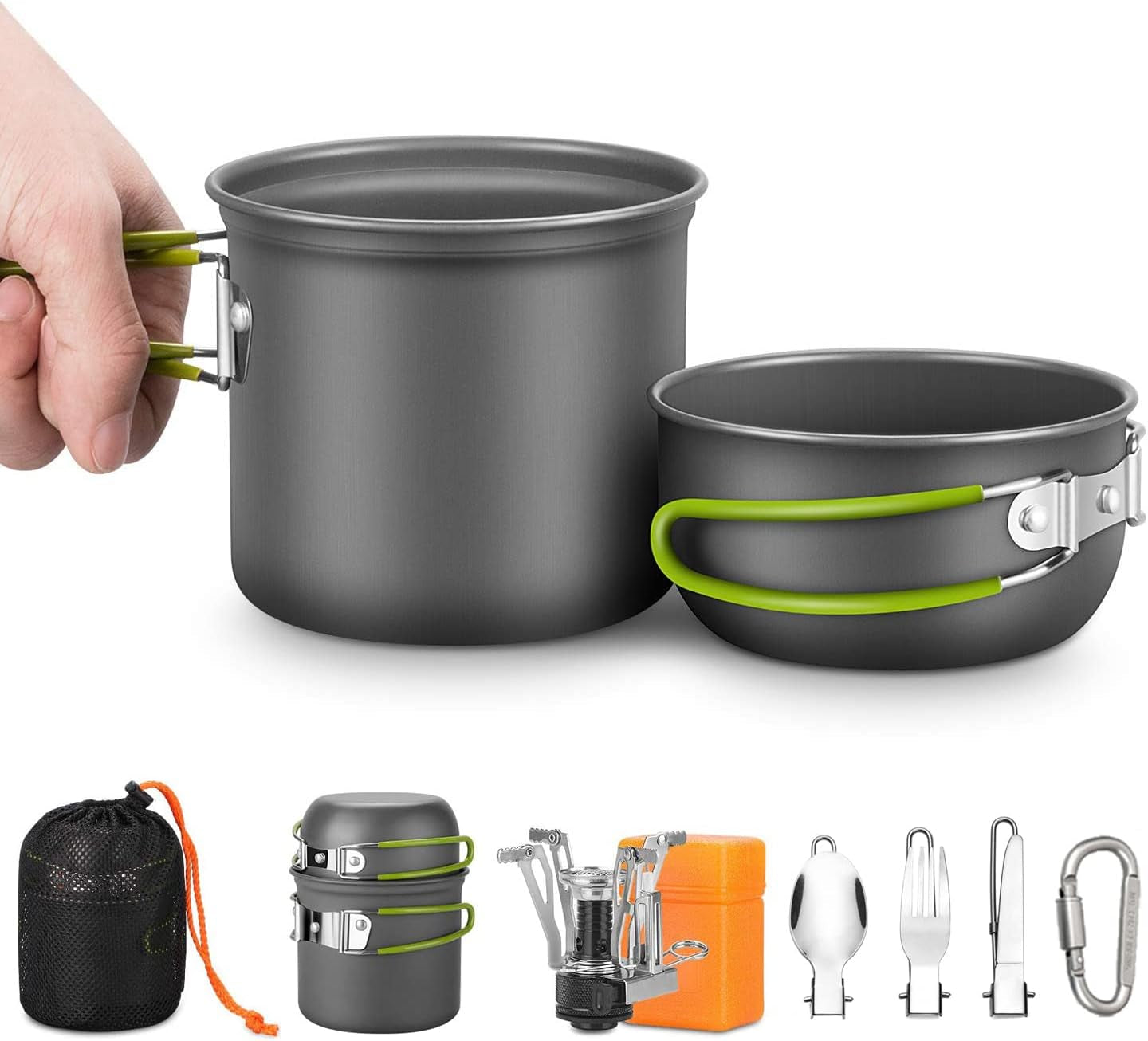 Camping Cookware Mess Kit Gear for 1/2 Person,Backpacking Accessories Equipment Flatware Stove and Pot Set with Mesh Carrying Bag Carabiner for Hiking, Picnic (8 Pieces-Green)