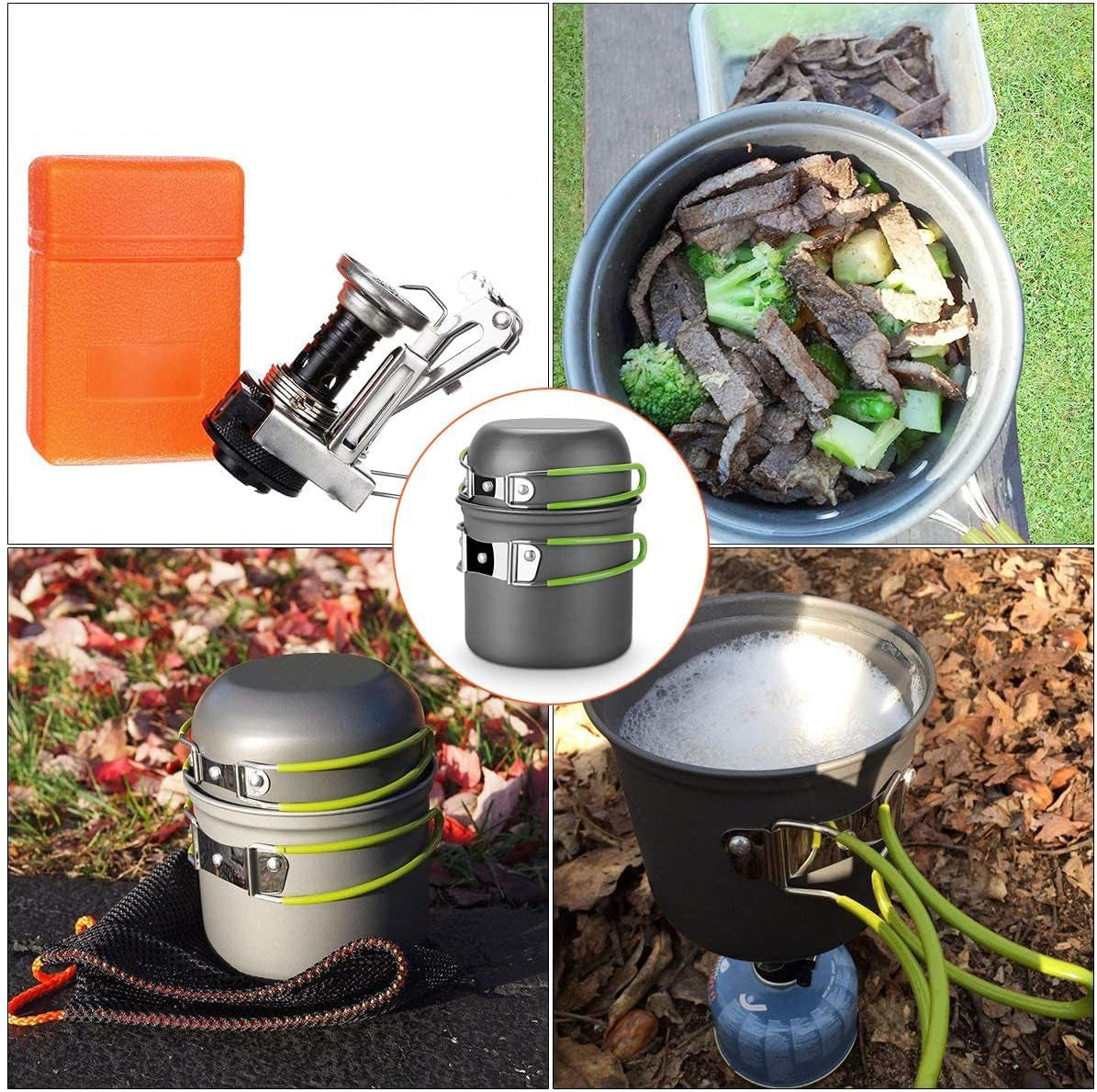 Camping Cookware Mess Kit Gear for 1/2 Person,Backpacking Accessories Equipment Flatware Stove and Pot Set with Mesh Carrying Bag Carabiner for Hiking, Picnic (8 Pieces-Green)