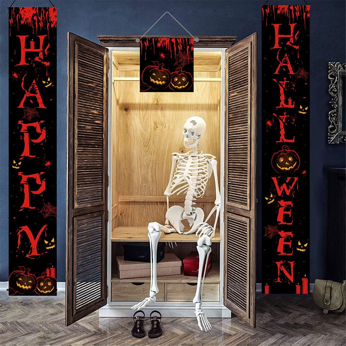 Halloween Porch Sign,Halloween Banners Front Proch,Happy Halloween Welcome Ghost Sign,Halloween Theme Party Supplies for Front Door,Halloween Decorations for Yard Indoor Outdoor Party (Black-Happy)