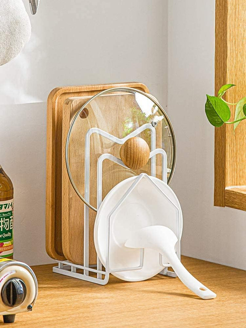 Cutting Board Holder Pot Pan Lids Rack W 2 Adhesive Hooks Kitchen Countertop Storage Shelf Chopping Board Organizer Stand Holder 4.92 X 5.7 X 8.46 In.White