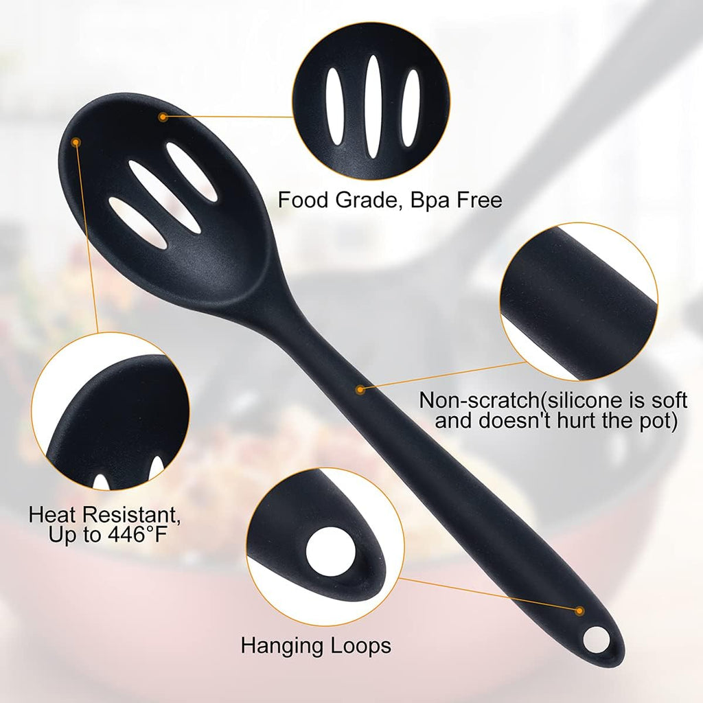 Silicone Cooking Utensils Set， Seamless 10 Pcs Series Black Kitchen Untensils Set without Holder Heat Resistant BPA Free, Silicon Spatula Kitchen Utensils