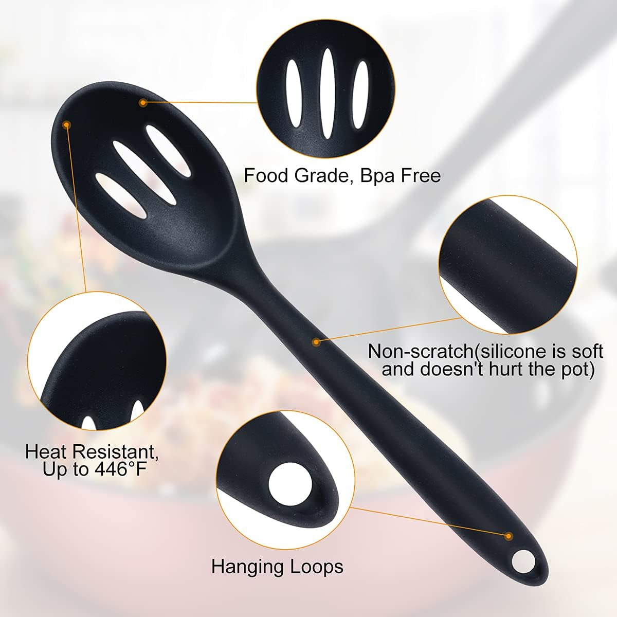 Silicone Cooking Utensils Set， Seamless 10 Pcs Series Black Kitchen Untensils Set without Holder Heat Resistant BPA Free, Silicon Spatula Kitchen Utensils
