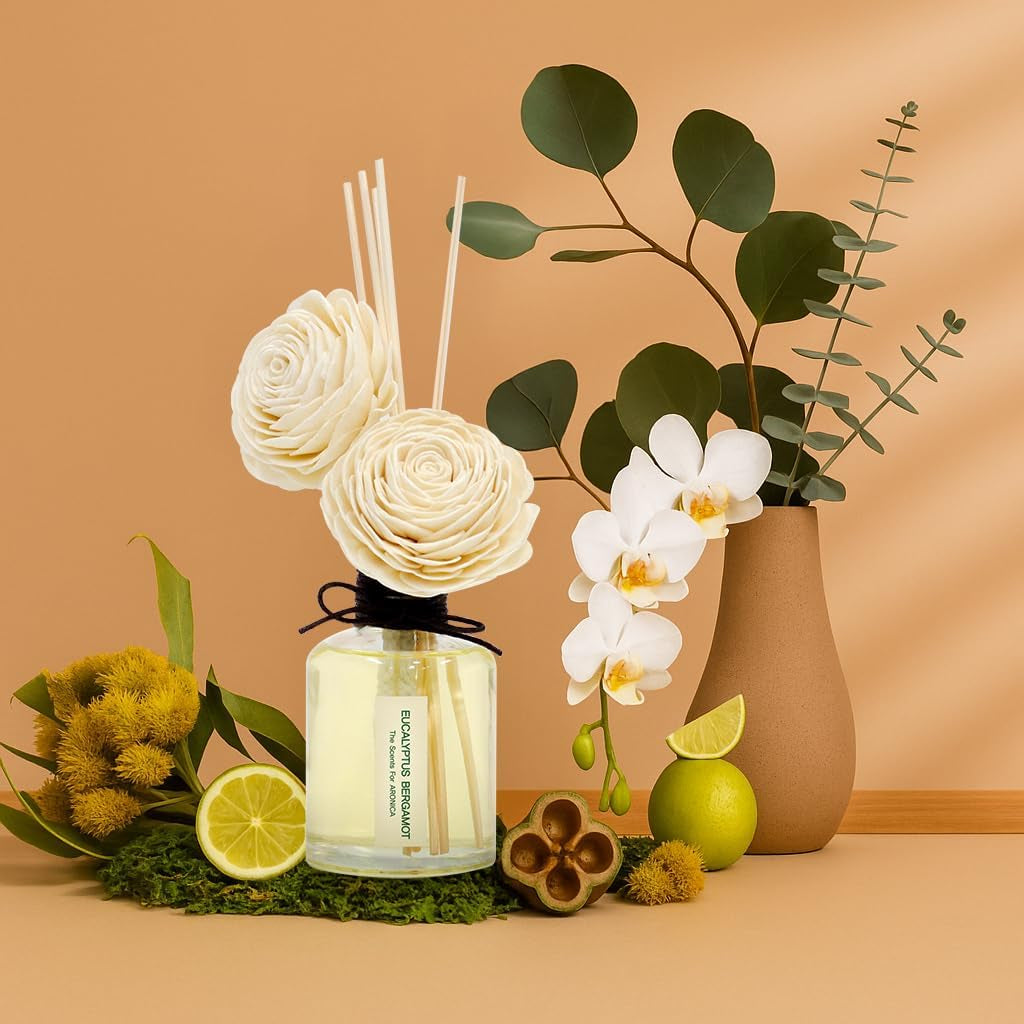 Twin Sola Diffuser 160Ml_Eucalyptus and Bergamot Scent Sticks, Premium Organic Essential Oil Reed Diffuser, Housewarming Wedding Registry Essentials Bedroom Gifts