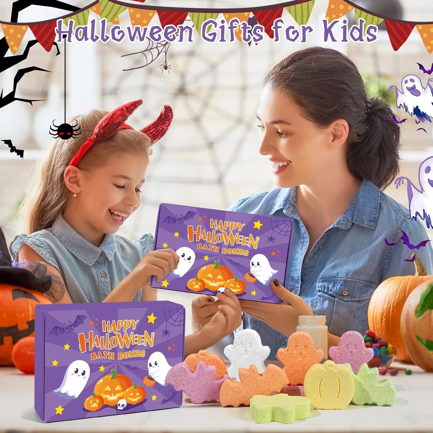 Halloween Bath Bombs - 12Pcs Natural Organic Bubble Bath with Spooky Pumpkin Bat for Kids, Party Favors and Goodie Bag Fillers