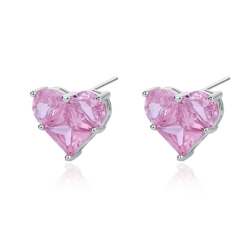 White Gold Pink Heart Earrings