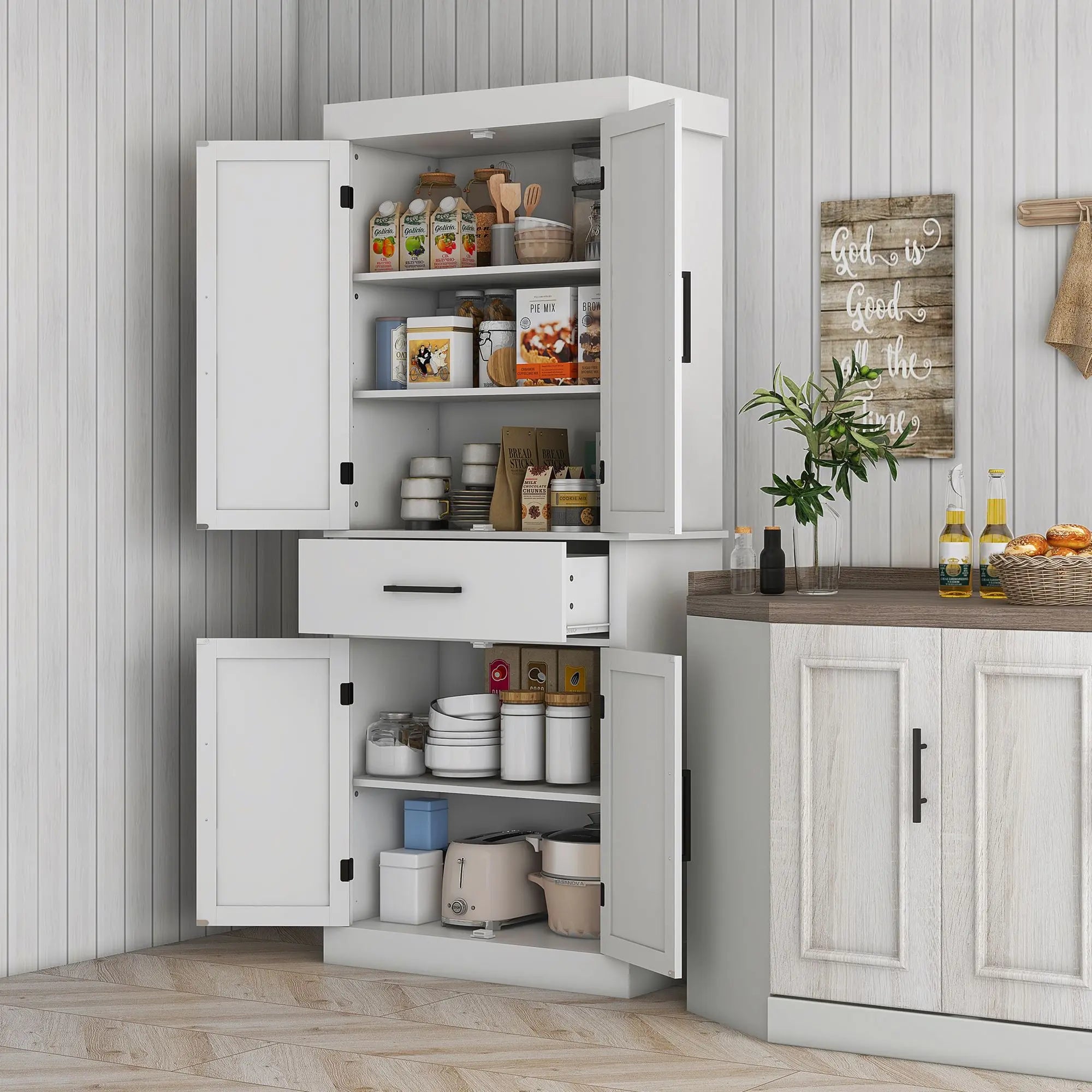HOMCOM 72" Kitchen Tall Cabinet, Freestanding Pantry Storage with Barn Doors & 5 Adjustable Shelves for Home, Dining Room, White