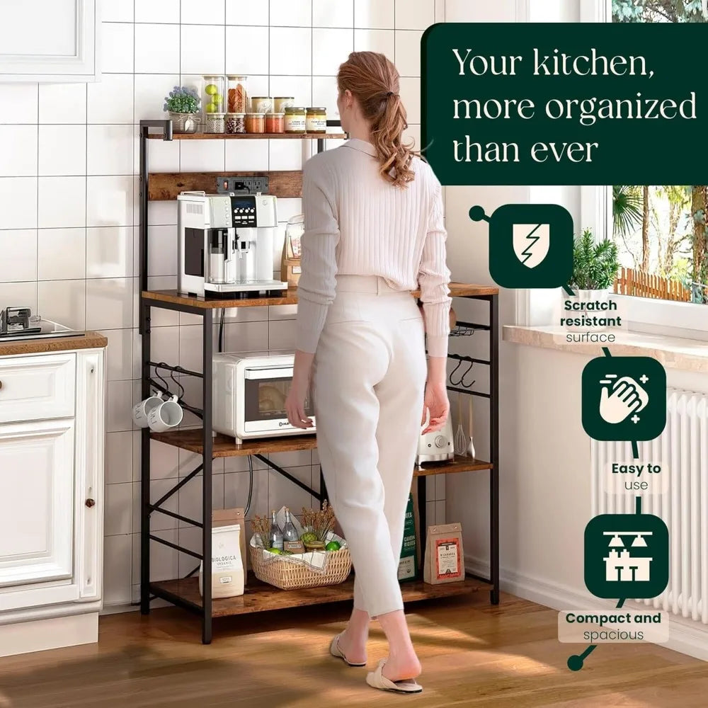 Kitchen Bakers Rack with Power Outlet & Hangers - 35.5X15.7X51.6 Kitchen Storage Rack Useful as Microwave Stand, Coffee Station