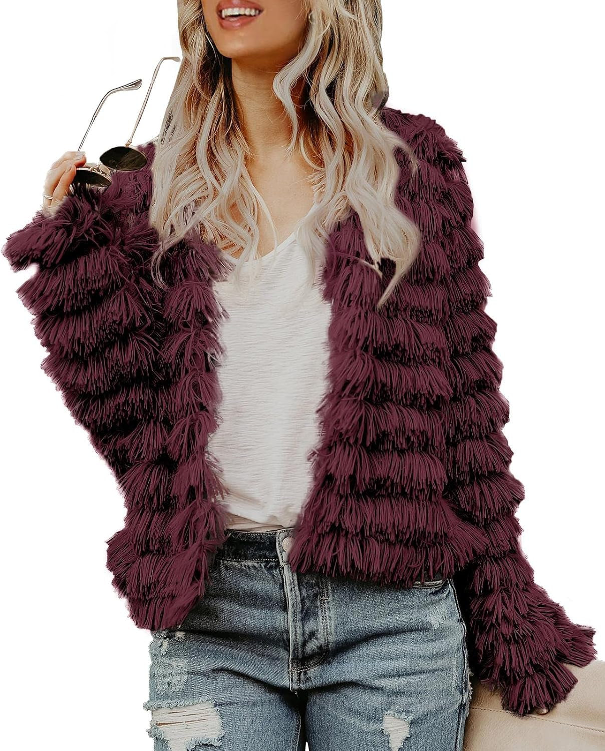 Womens Fall Open Front Cardigan Faux Fur Coat Vintage Parka Shaggy Jacket Warm Coat Tops