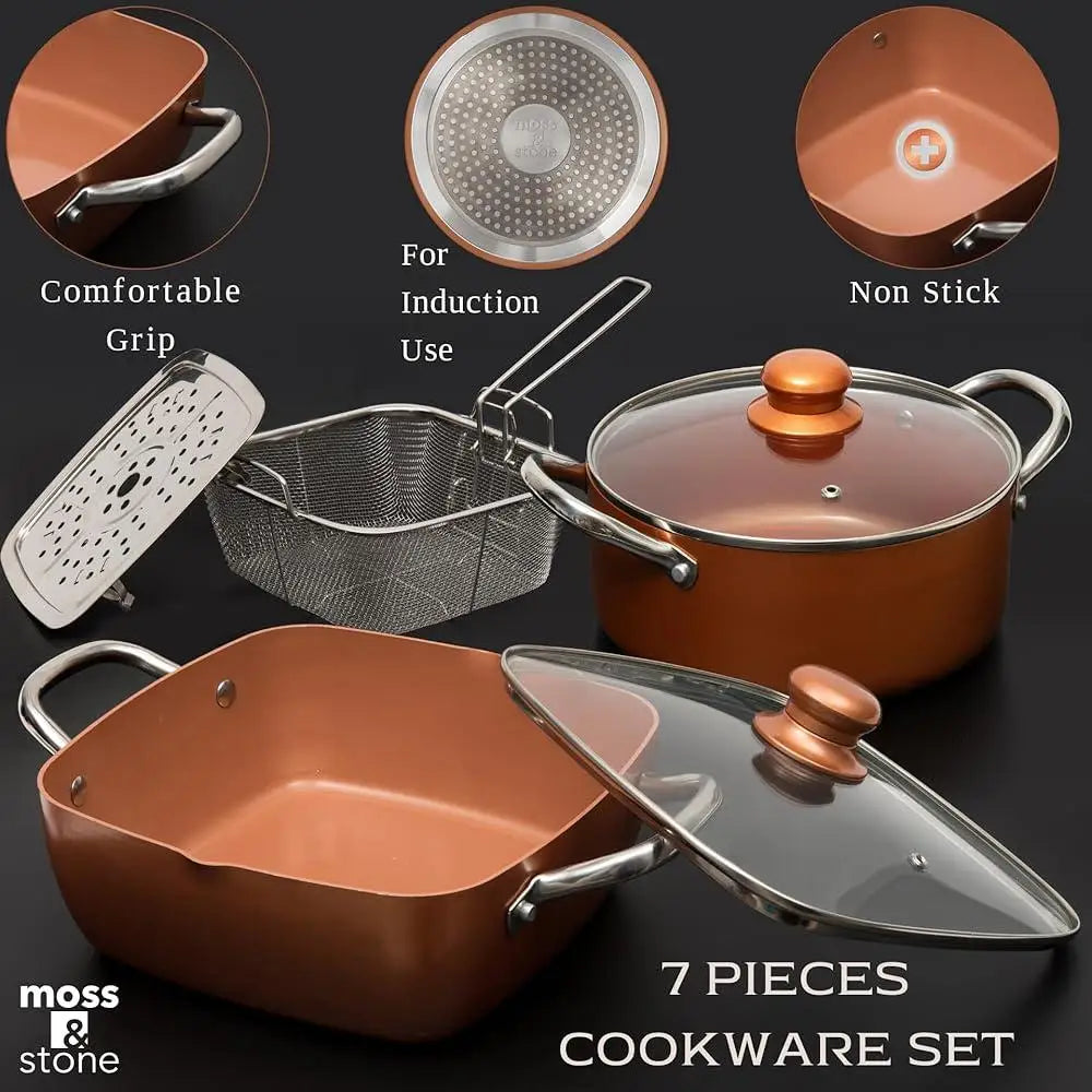 7 Pcs Copper Cookware Set Nonstick Pots and Pans Square Fry Pan Deep Fryer Steamer Rack Kitchen Essentials Induction Compatible
